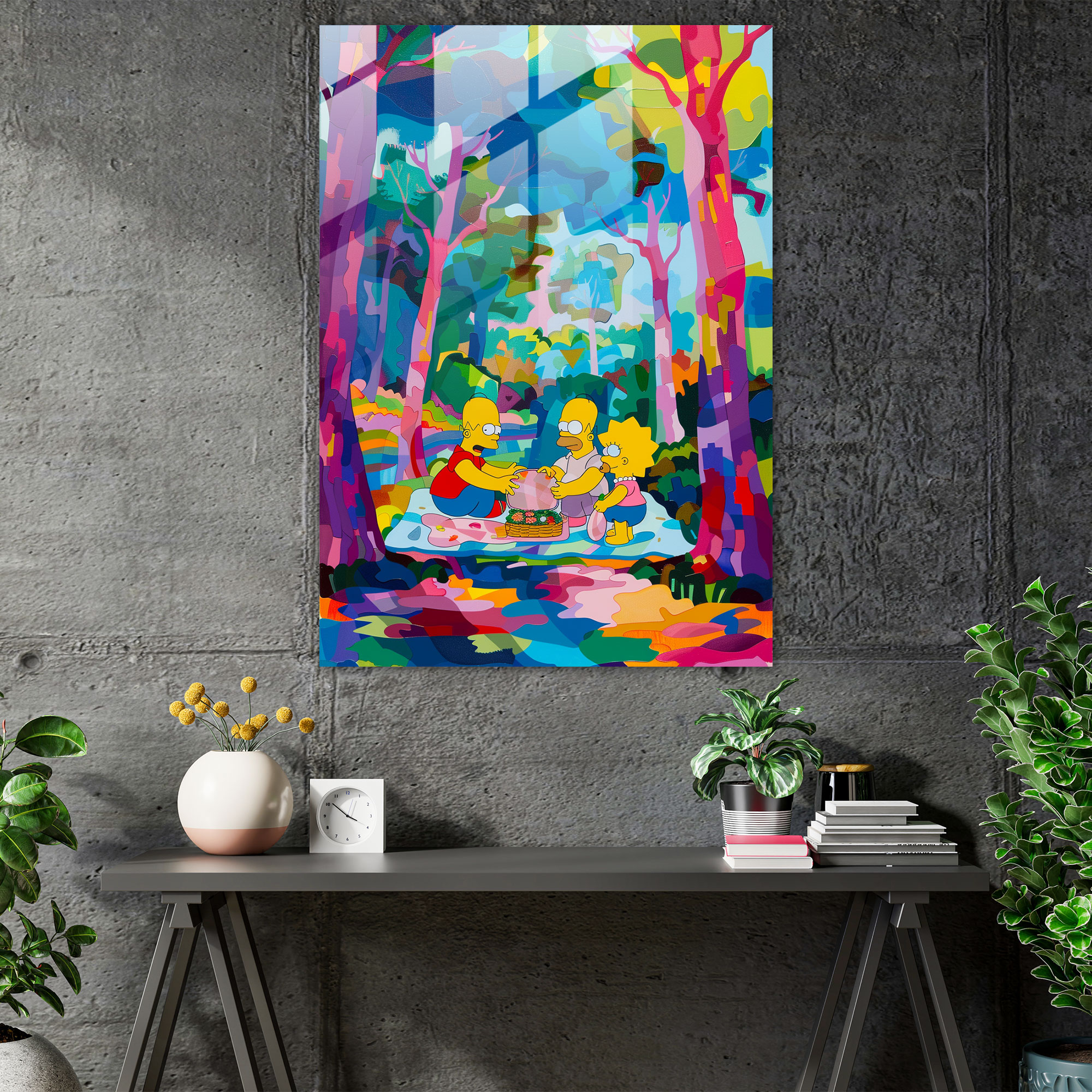 Glass Print: The Simpson Family Picnic - The Simpsons, Home Decoration, Wall Decoration, Contemporary