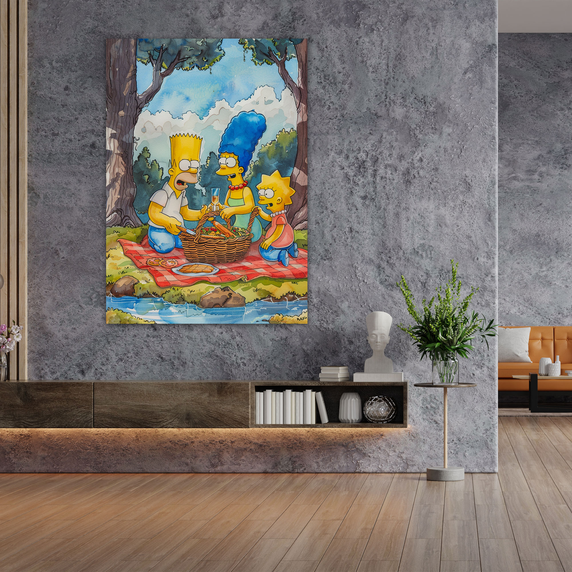 The Simpsons Canvas Print - Classic Watercolor Painting - The Simpsons, Watercolor Painting, Springfield Park, Picnic