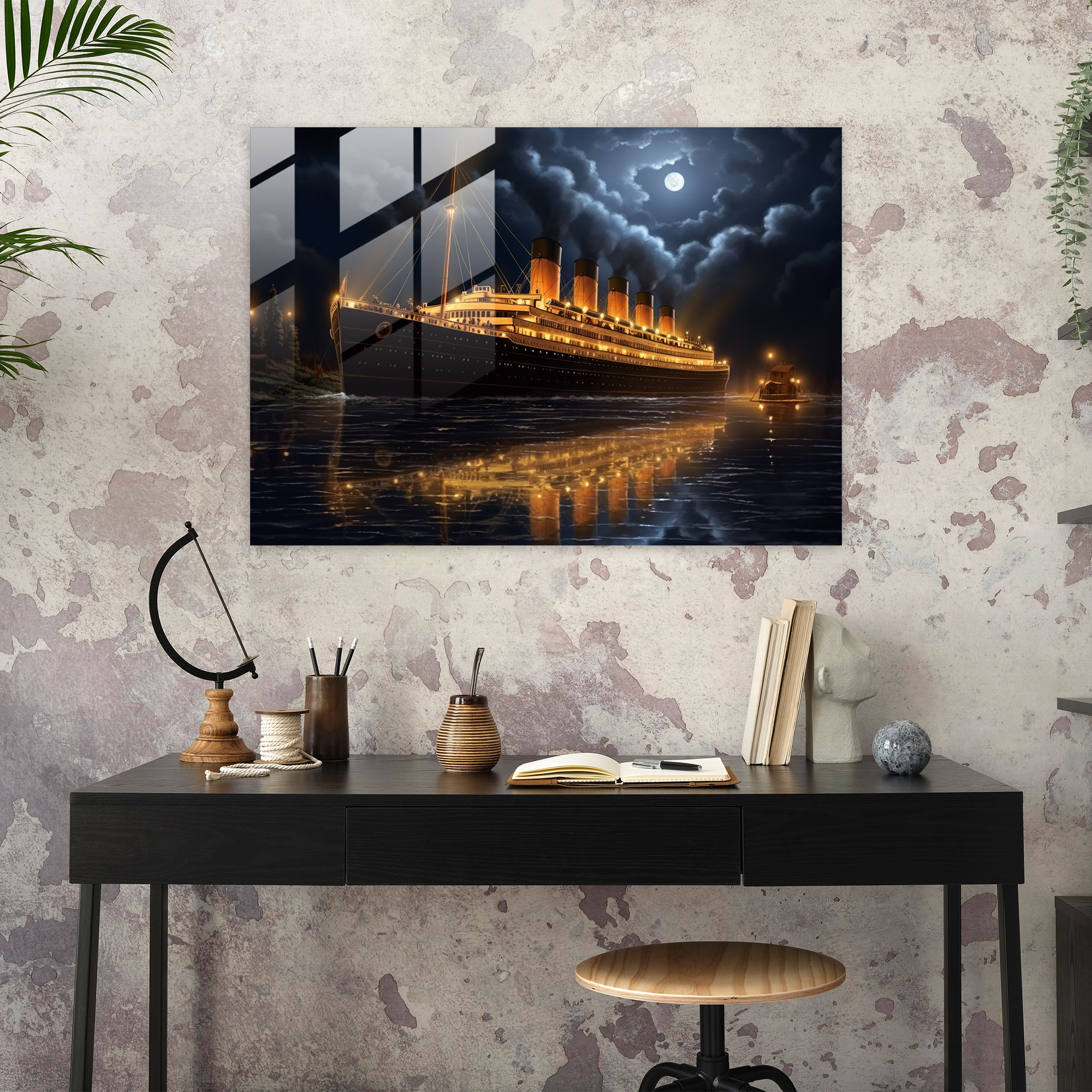 Romantic Titanic Glass Wall Art - Titanic, Moonlit Night, Modern Art, Glass Wall Art