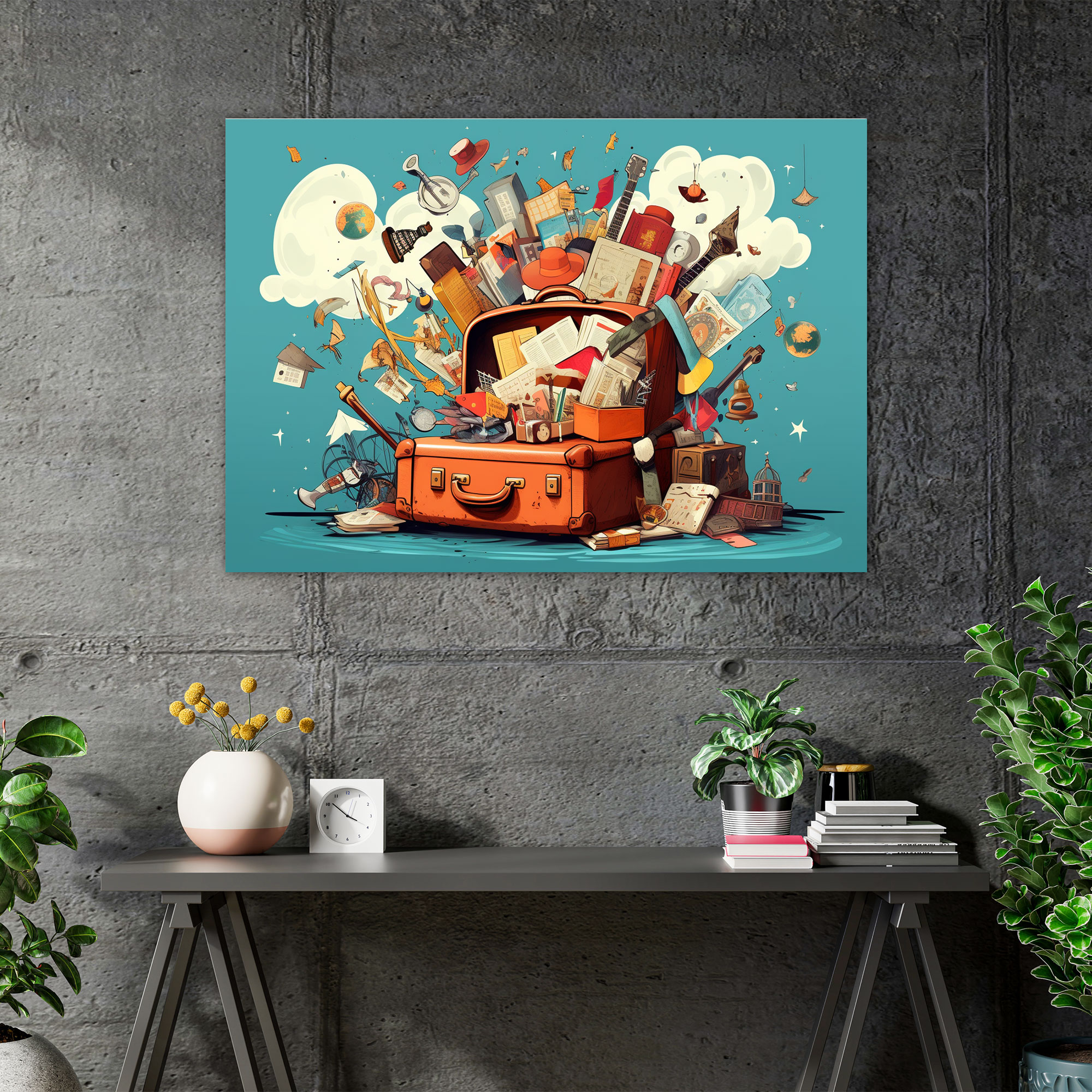 Travel Wall Art - Whimsical Vintage Suitcase Canvas Print - Travel, Canvas, Whimsical Illustration, Wall Decoration