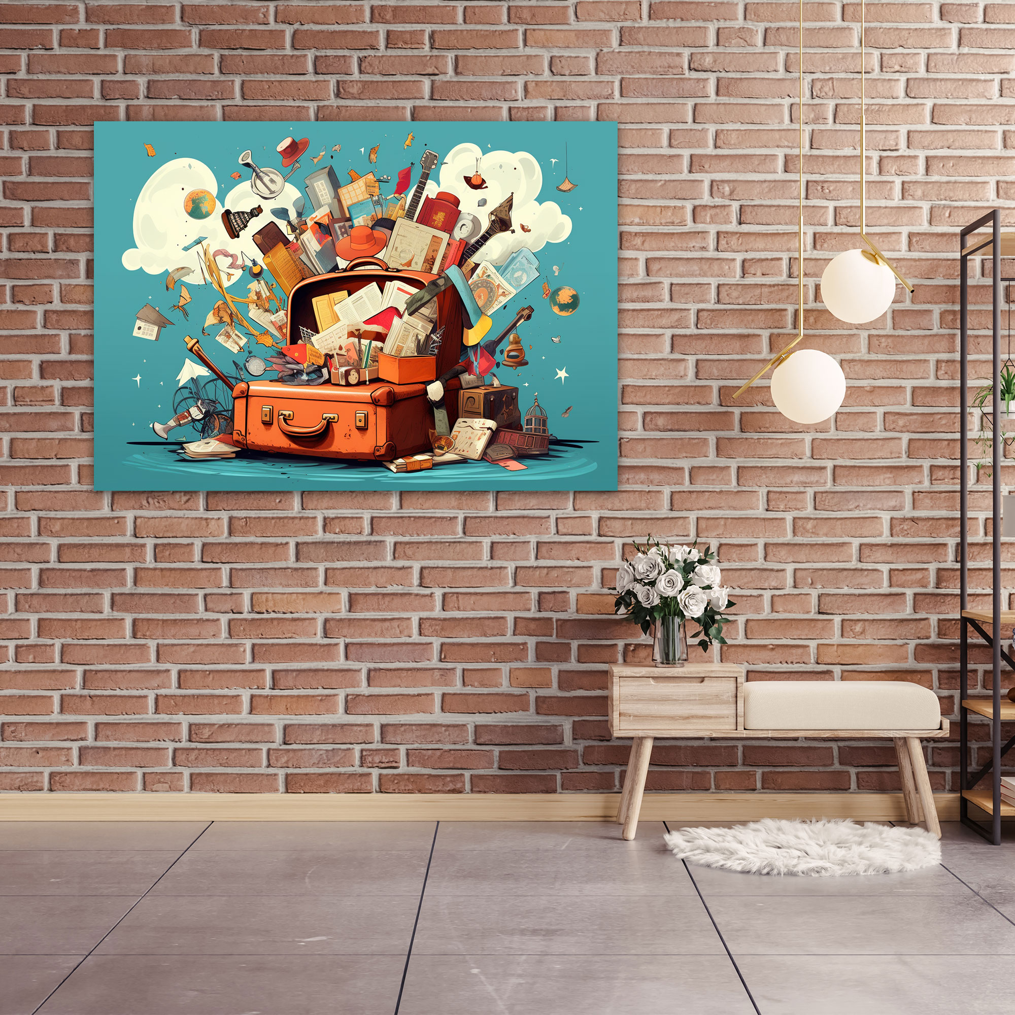 Travel Wall Art - Whimsical Vintage Suitcase Canvas Print - Travel, Canvas, Whimsical Illustration, Wall Decoration