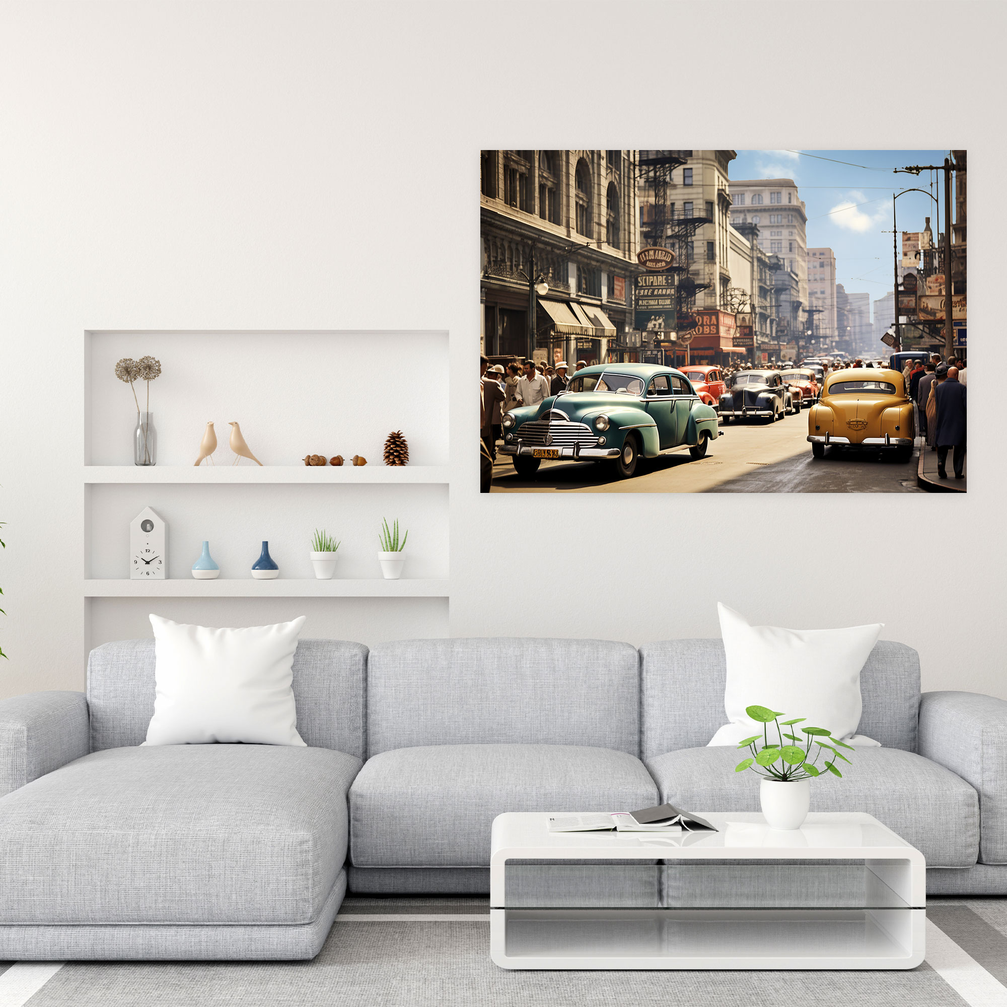 Travel Wall Art Decor - Retro City Street Canvas - Travel, Travel, Retro Photograph, Vintage Cars