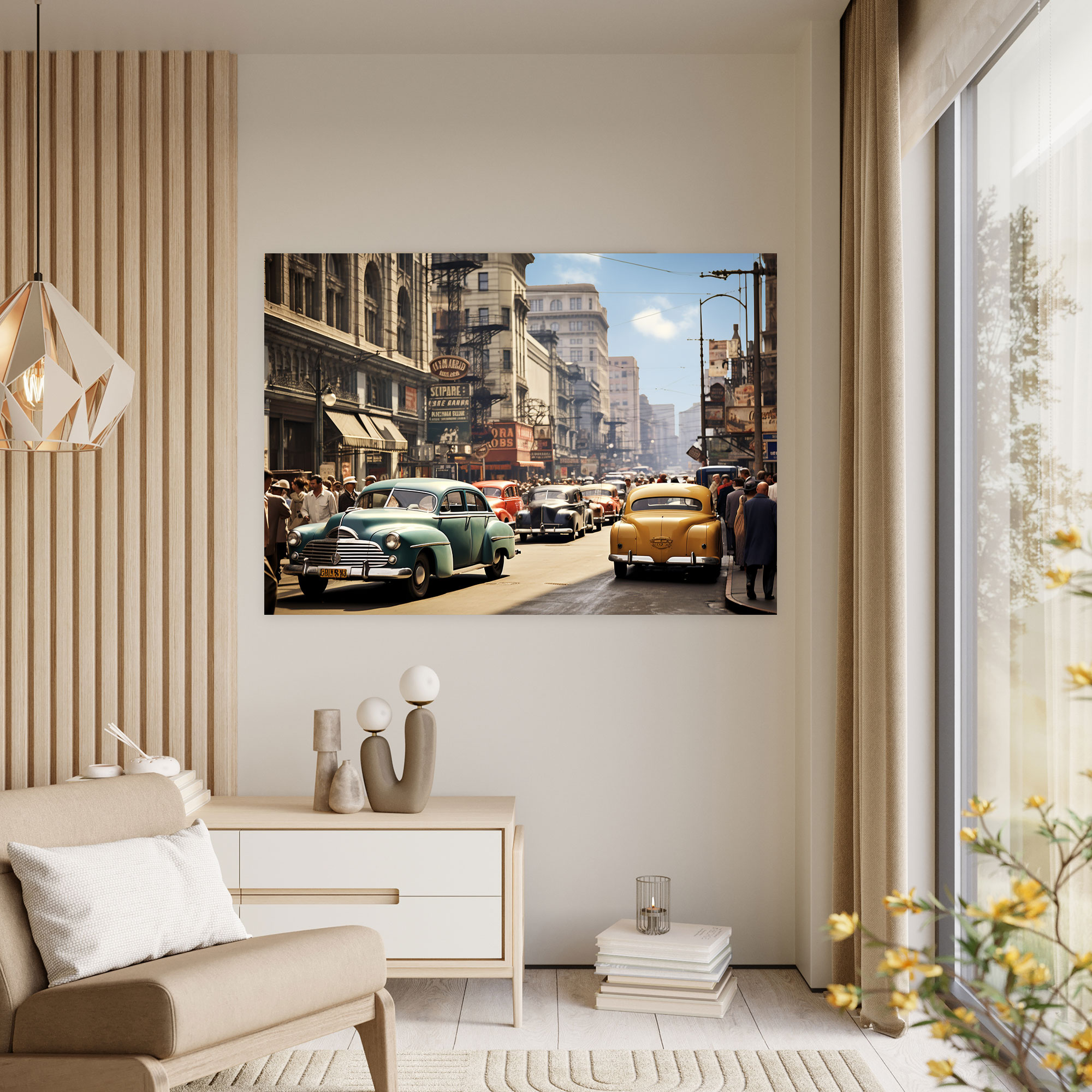 Travel Wall Art Decor - Retro City Street Canvas - Travel, Travel, Retro Photograph, Vintage Cars