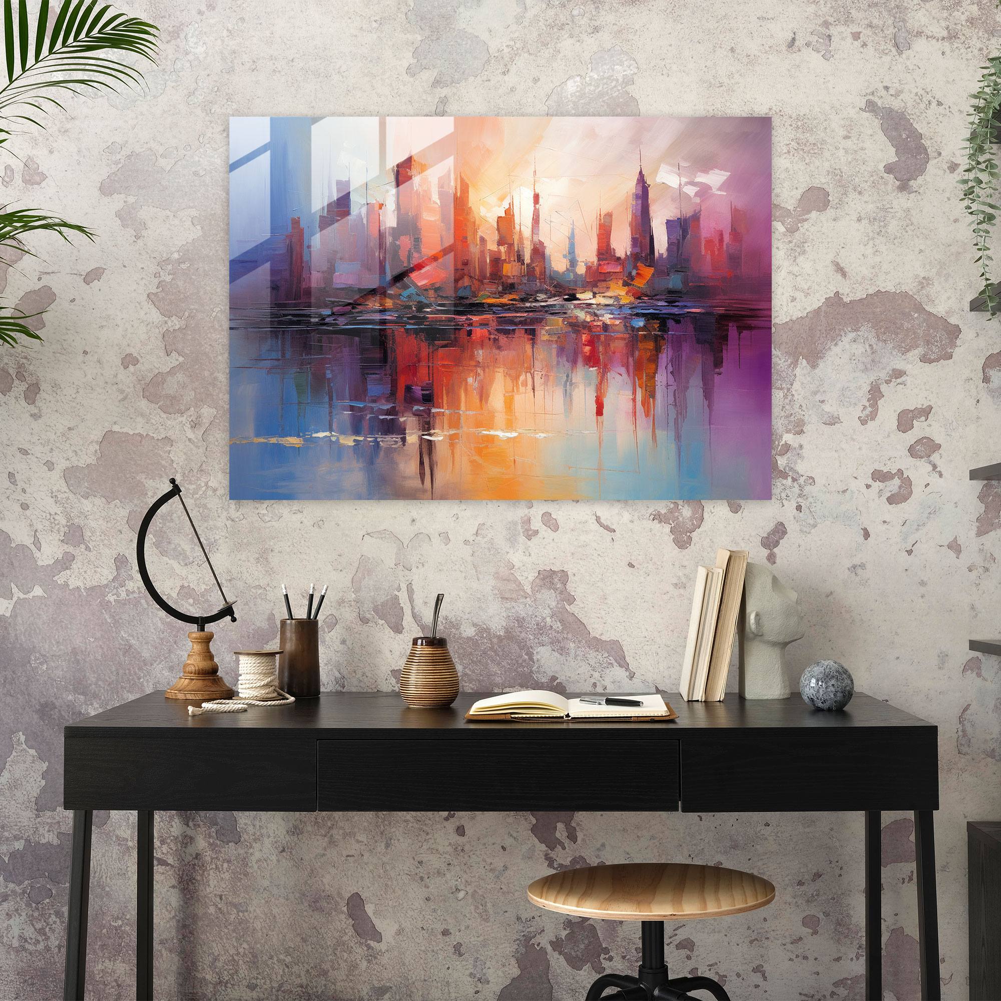 Travel Glass Print - Travel, Vibrant City Skyline, Glass Print, Abstract Painting