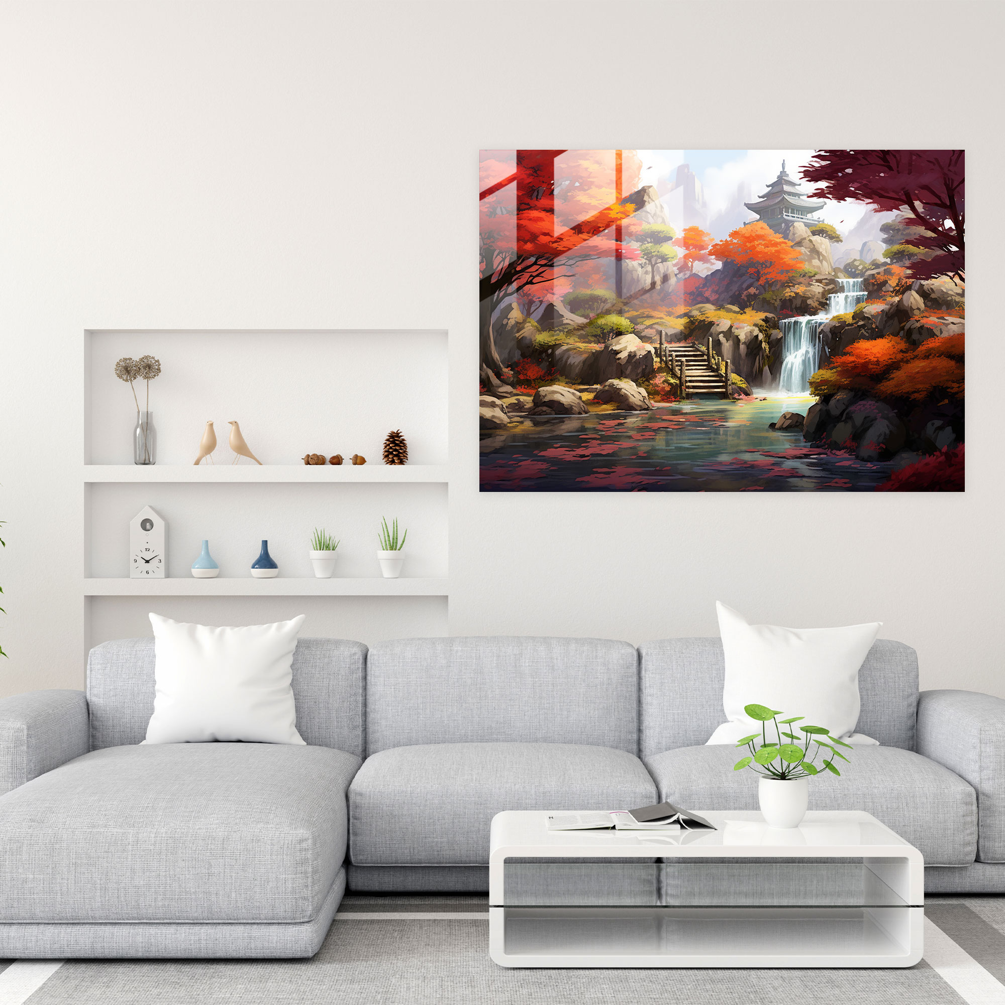 Zen Bahçesi Dijital Sanat - Zen Bahçesi Akışkan Şelale Dijital İllüstrasyon Modern