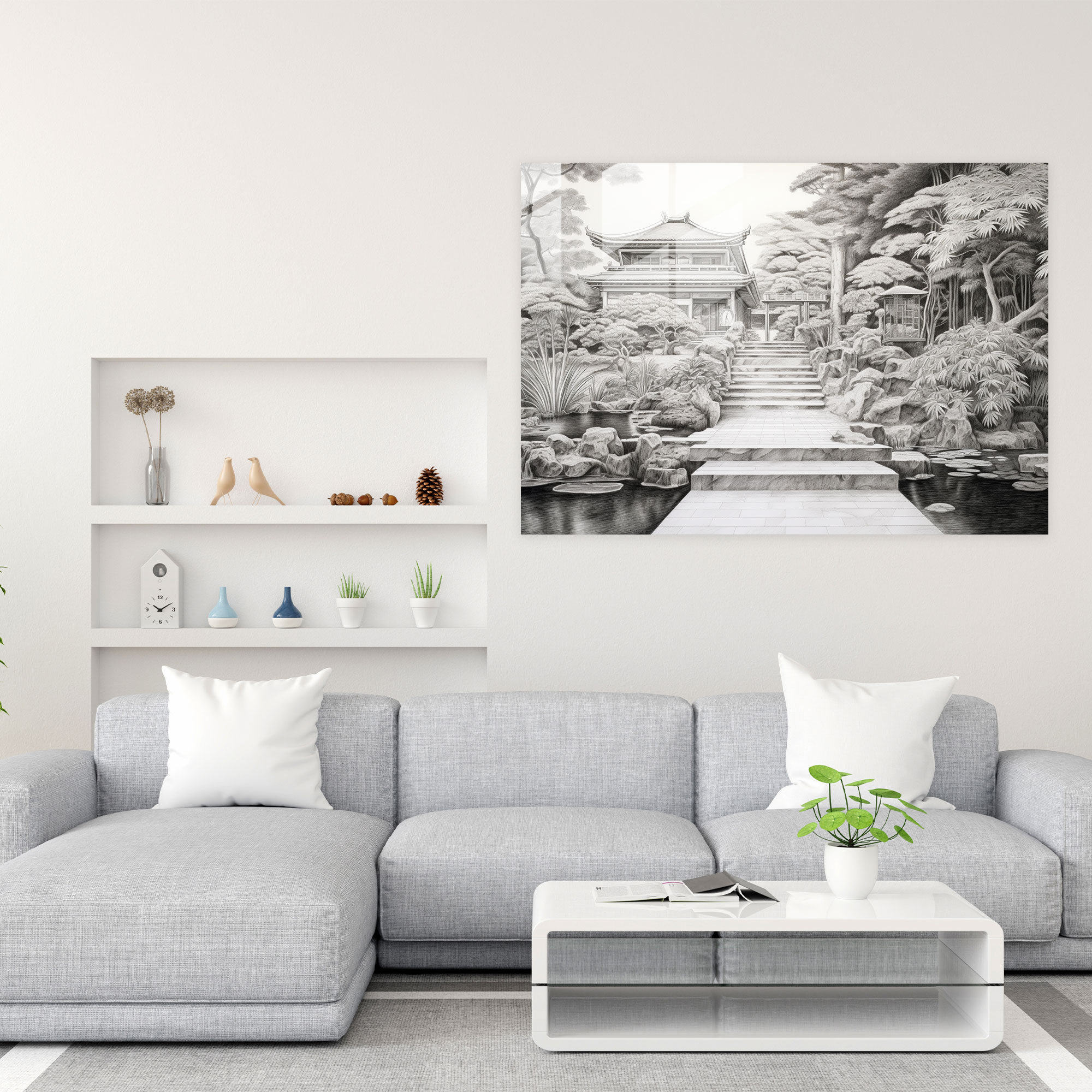Zen Bahçesi Kalem Çizimi - Zen Bahçesi Usta El İşi Titiz Detaylar Cam Tablo