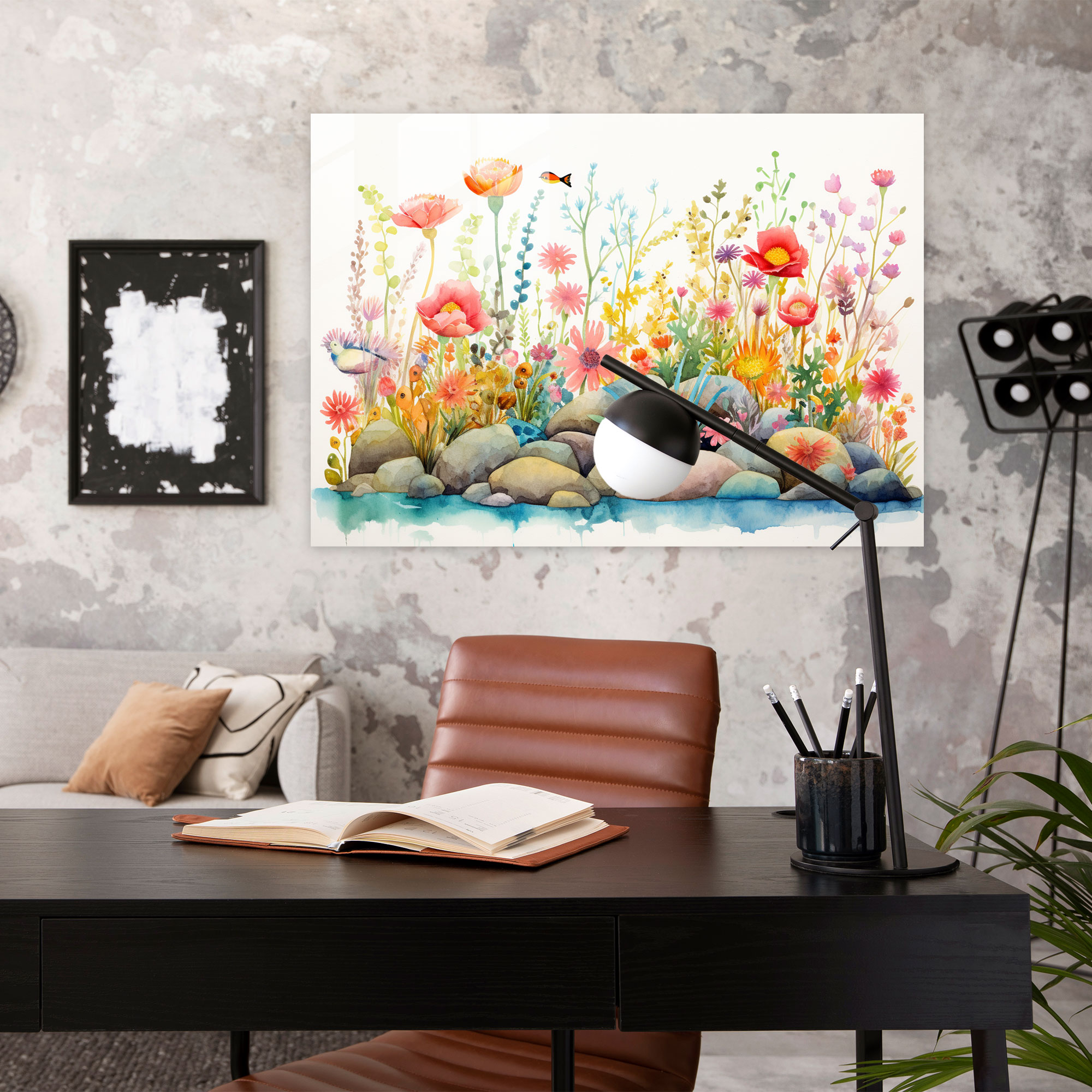Zen Garden Whimsical Glass Print - The Zen Garden, Whimsical Watercolor Illustration, Wall Decoration, Glass Wall Art