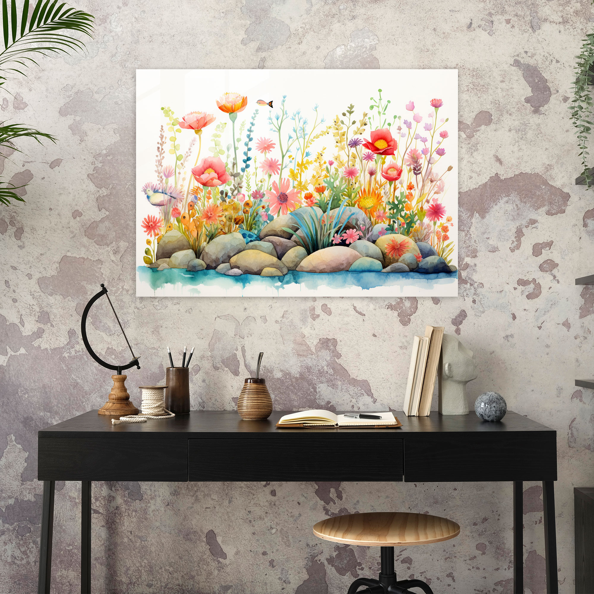 Zen Garden Whimsical Glass Print - The Zen Garden, Whimsical Watercolor Illustration, Wall Decoration, Glass Wall Art