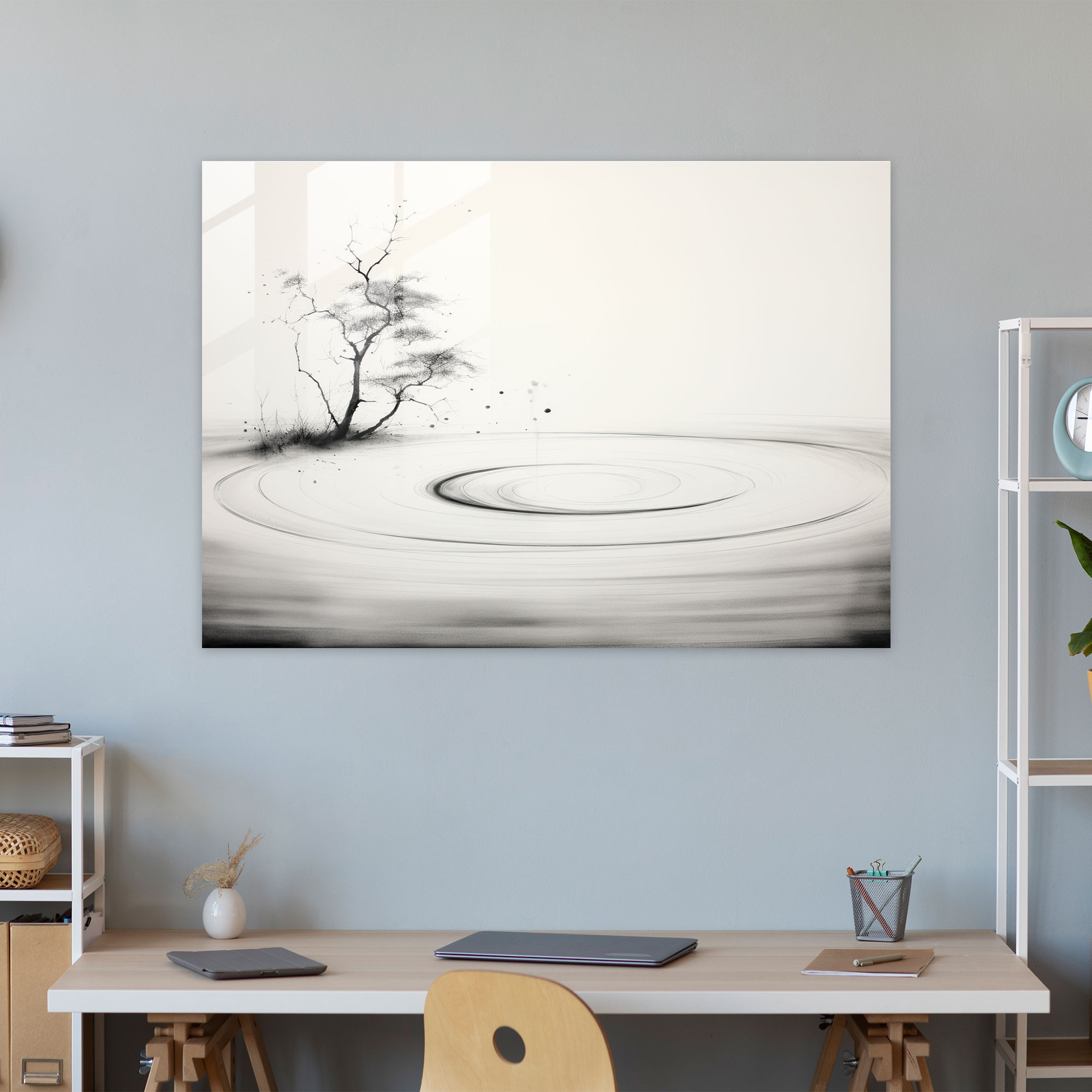 Minimalist Zen Bahçesi Cam Duvar Sanatı - Zen Bahçesi Minimalist Cam Sanat Denge