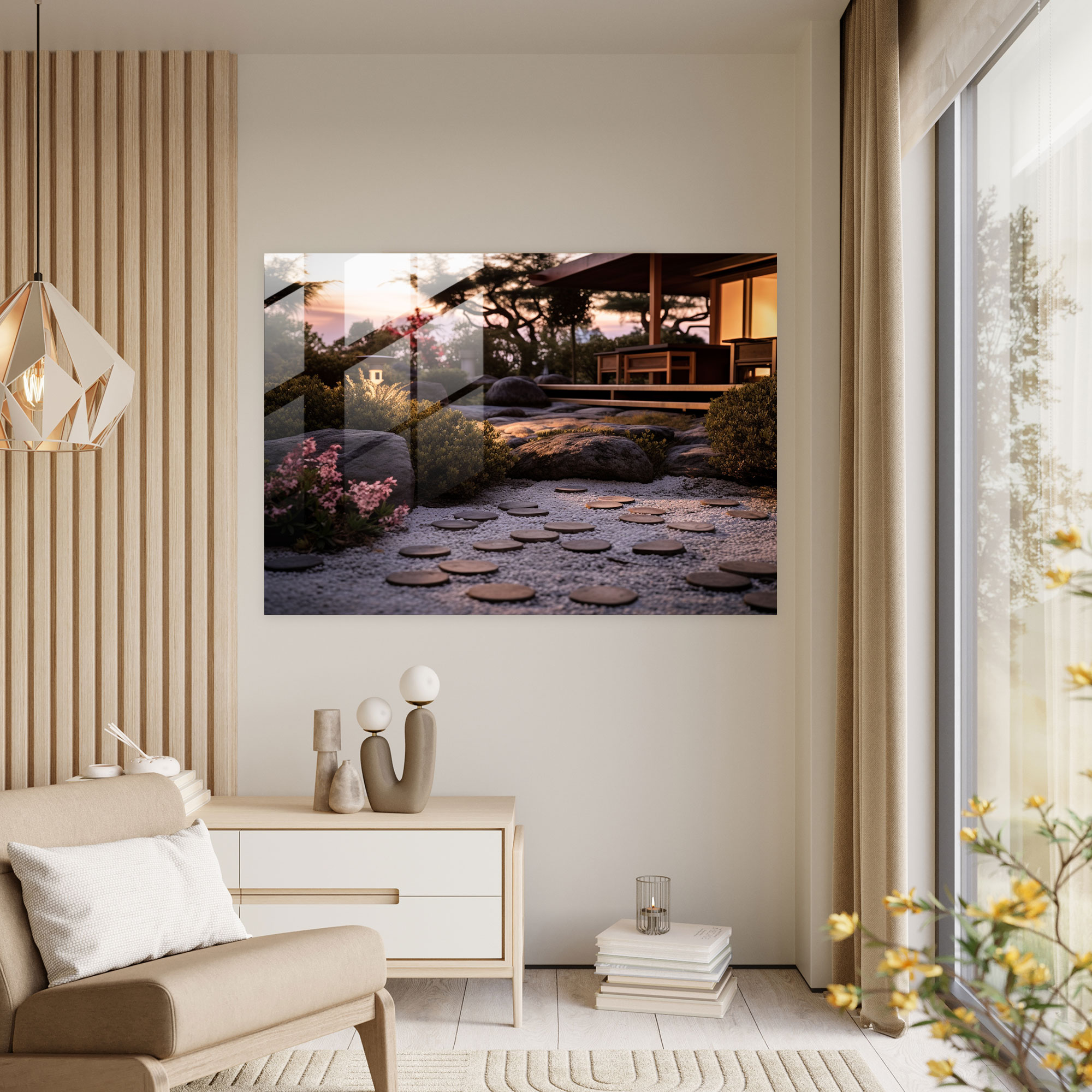 Alacakaranlık Zen Bahçesi Cam Tablo - Zen Bahçesi Cam Sanatı Alacakaranlık Duvar Süsü