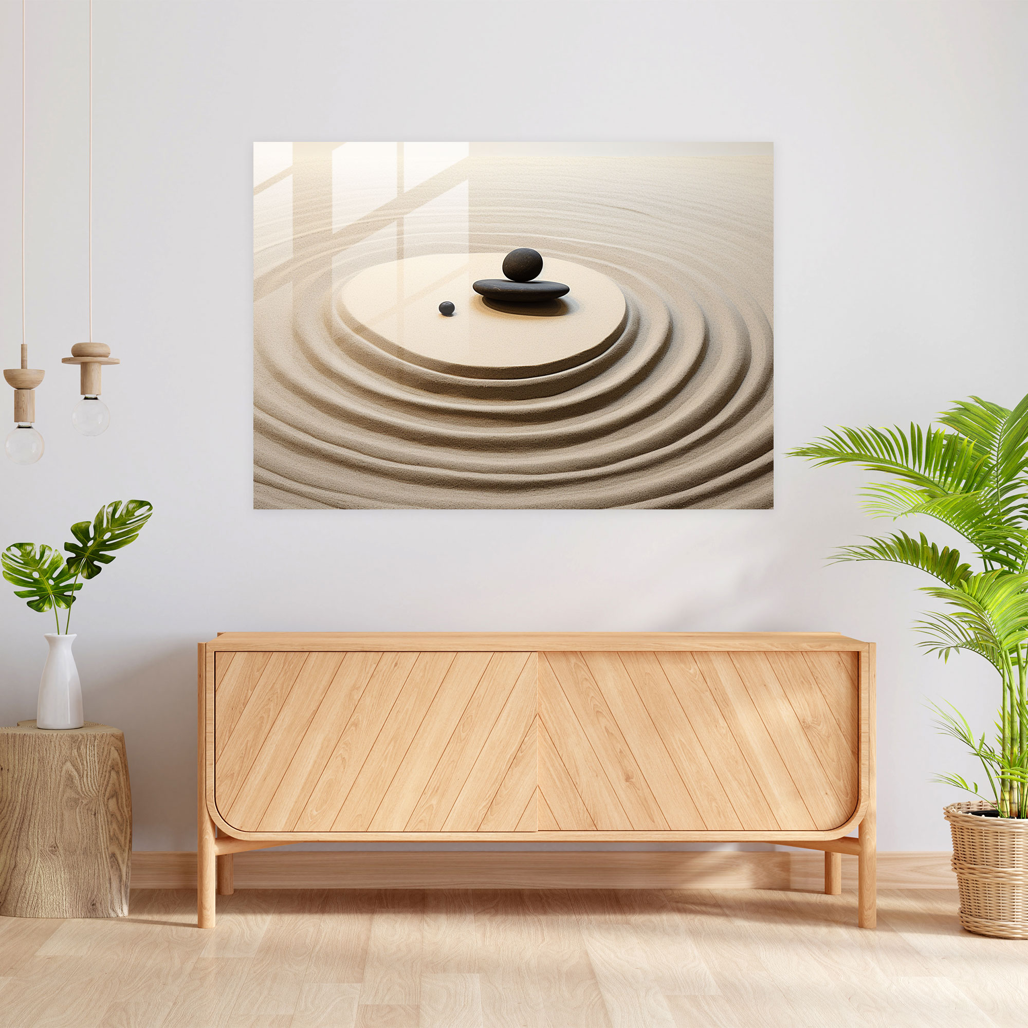 Cam Tablo: Minimalist Zen Bahçe - Zen Bahçe Cam Duvar Sanatı Cam Sanatı Minimalist Sanat Eseri