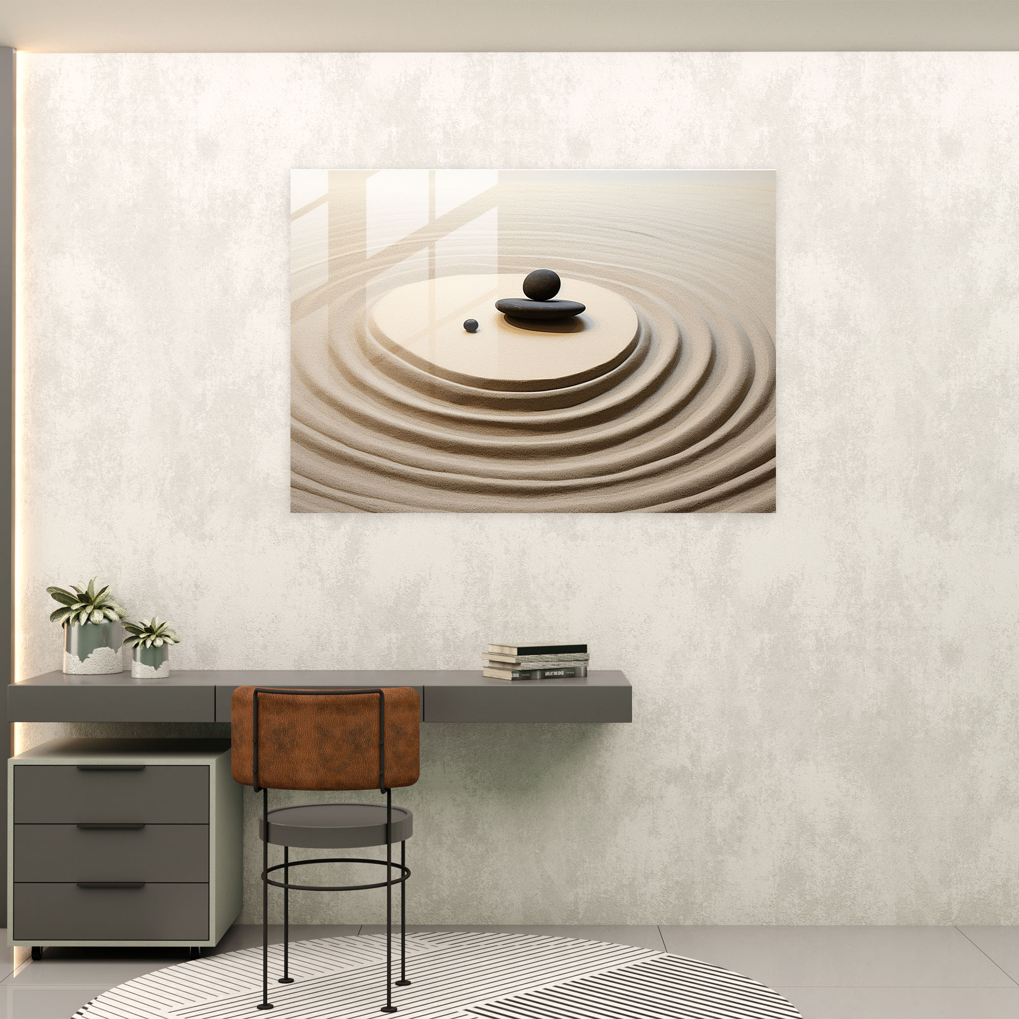 Cam Tablo: Minimalist Zen Bahçe - Zen Bahçe Cam Duvar Sanatı Cam Sanatı Minimalist Sanat Eseri