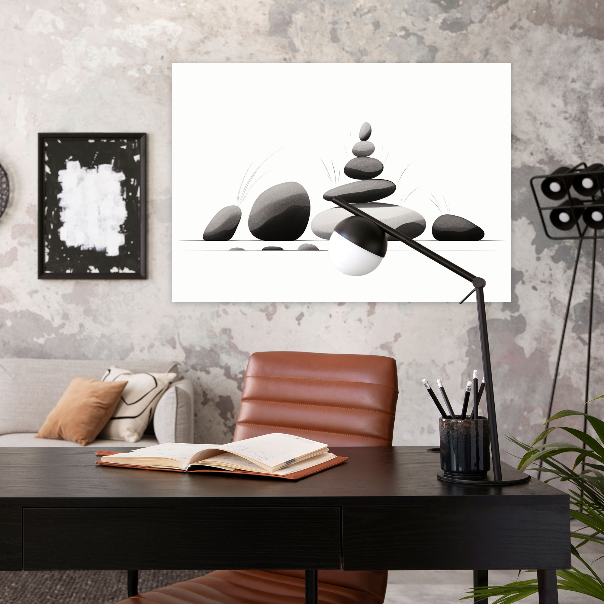 Zen Rock Garden Wall Art - The Zen Garden, Carefully Arranged Stones, Black And White Illustration, Minimalist
