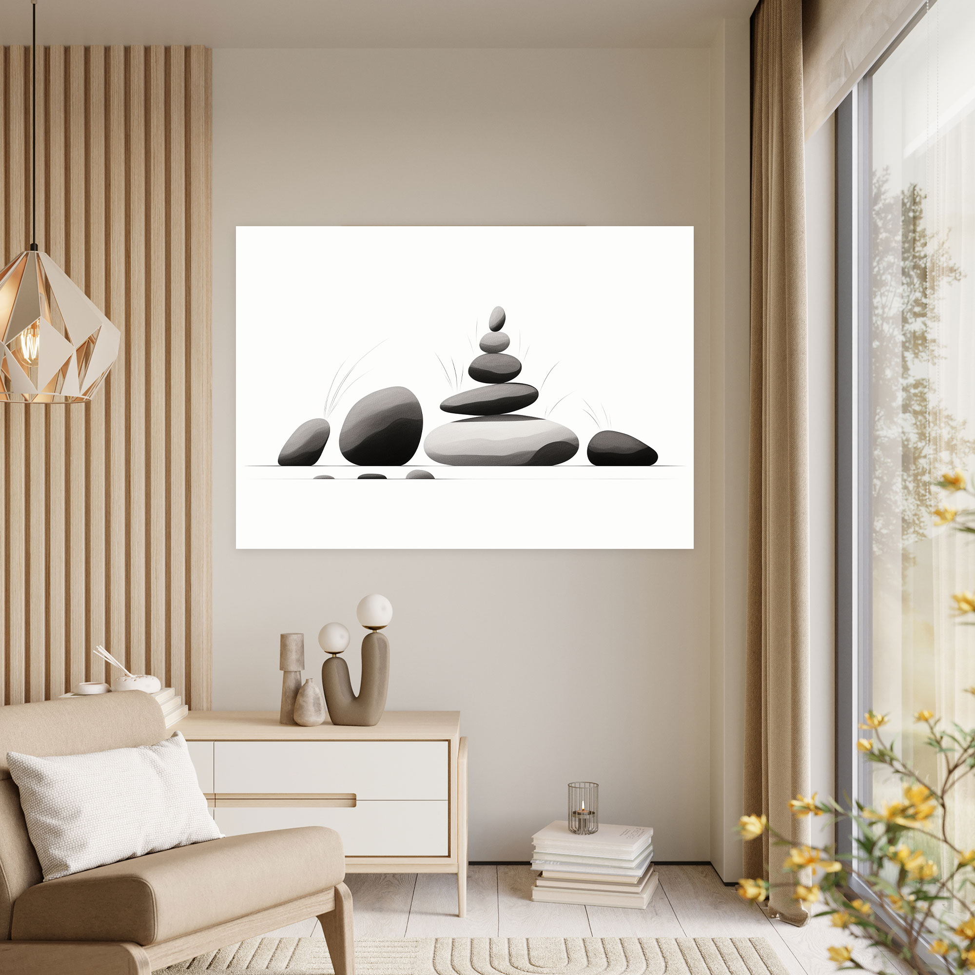Zen Rock Garden Wall Art - The Zen Garden, Carefully Arranged Stones, Black And White Illustration, Minimalist