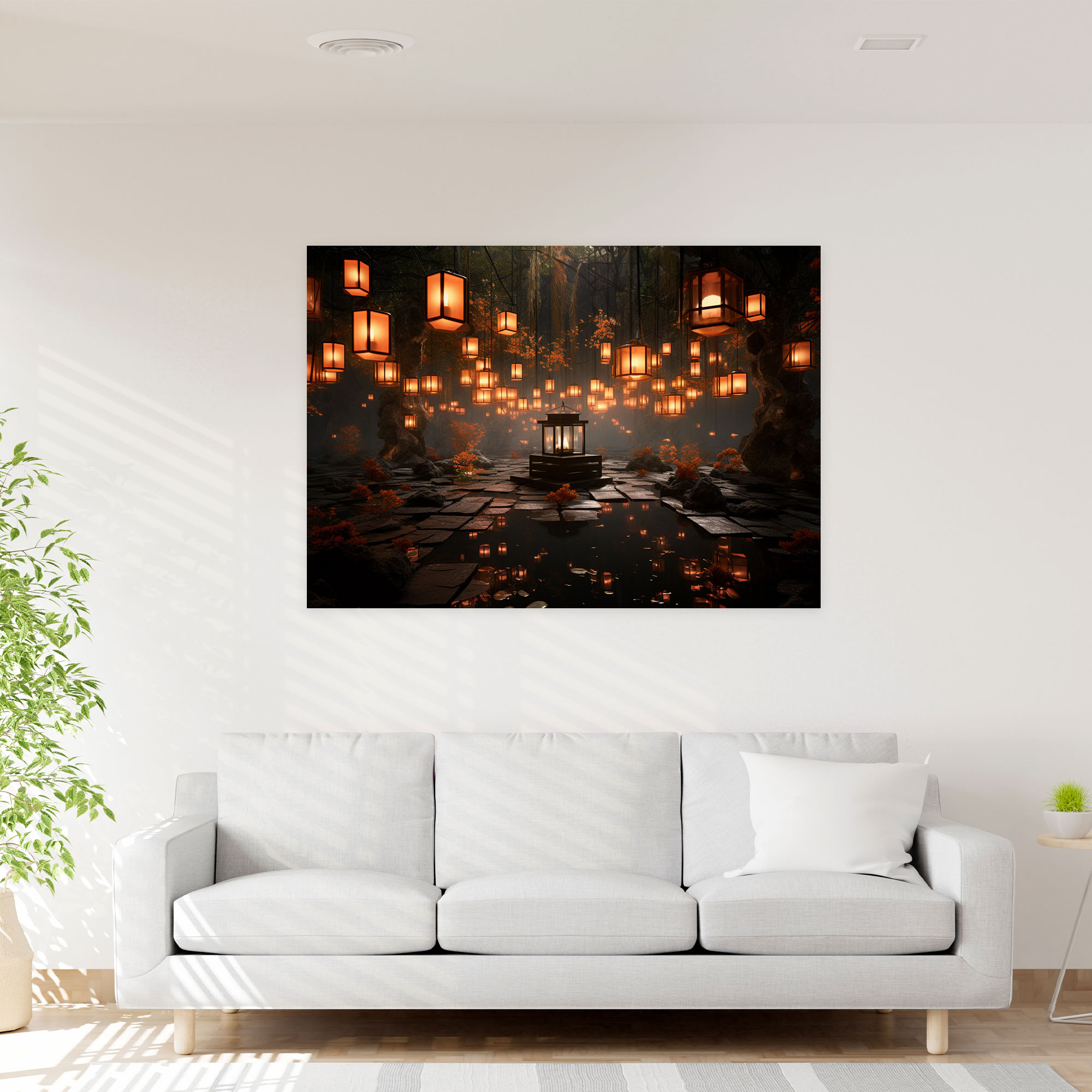 Ethereal Zen Garden Canvas Print - The Zen Garden, Modern Digital Artwork, Floating Lanterns, Ethereal Atmosphere