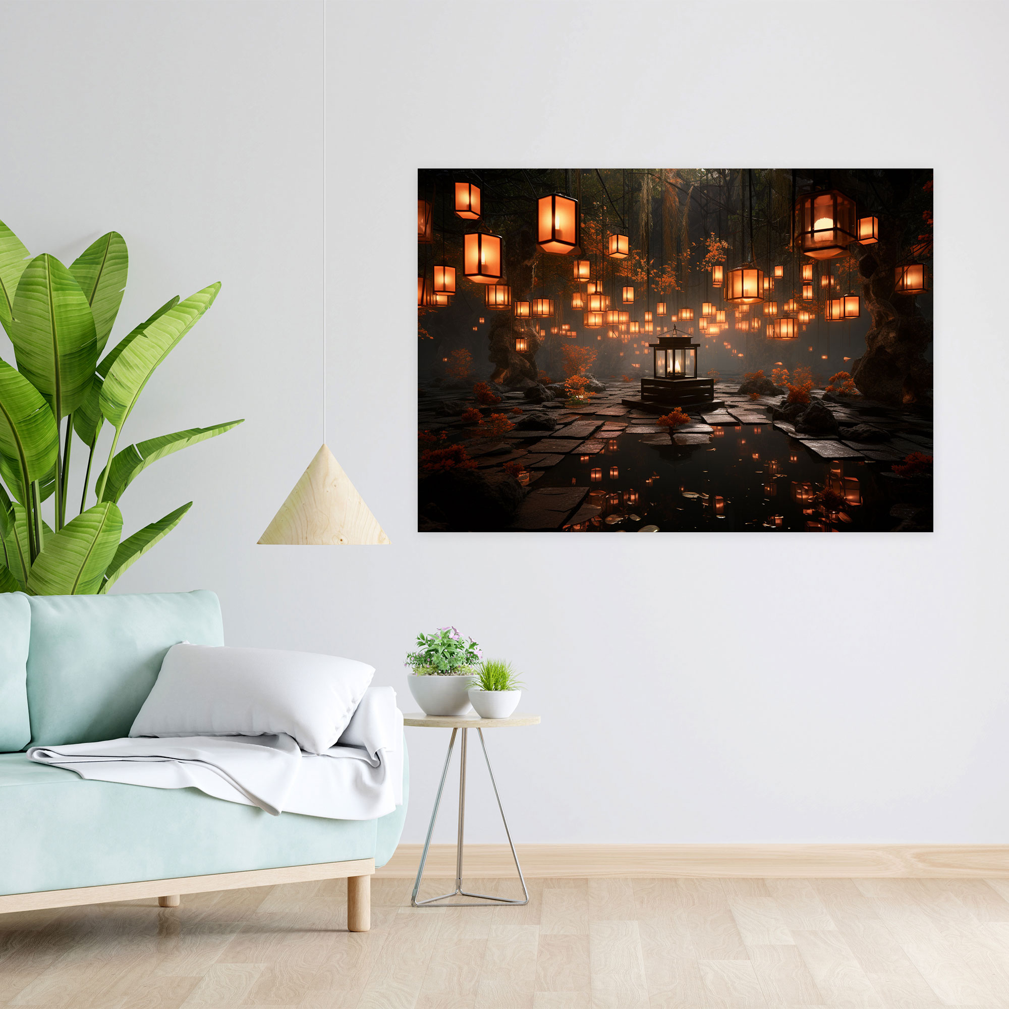 Ethereal Zen Garden Canvas Print - The Zen Garden, Modern Digital Artwork, Floating Lanterns, Ethereal Atmosphere