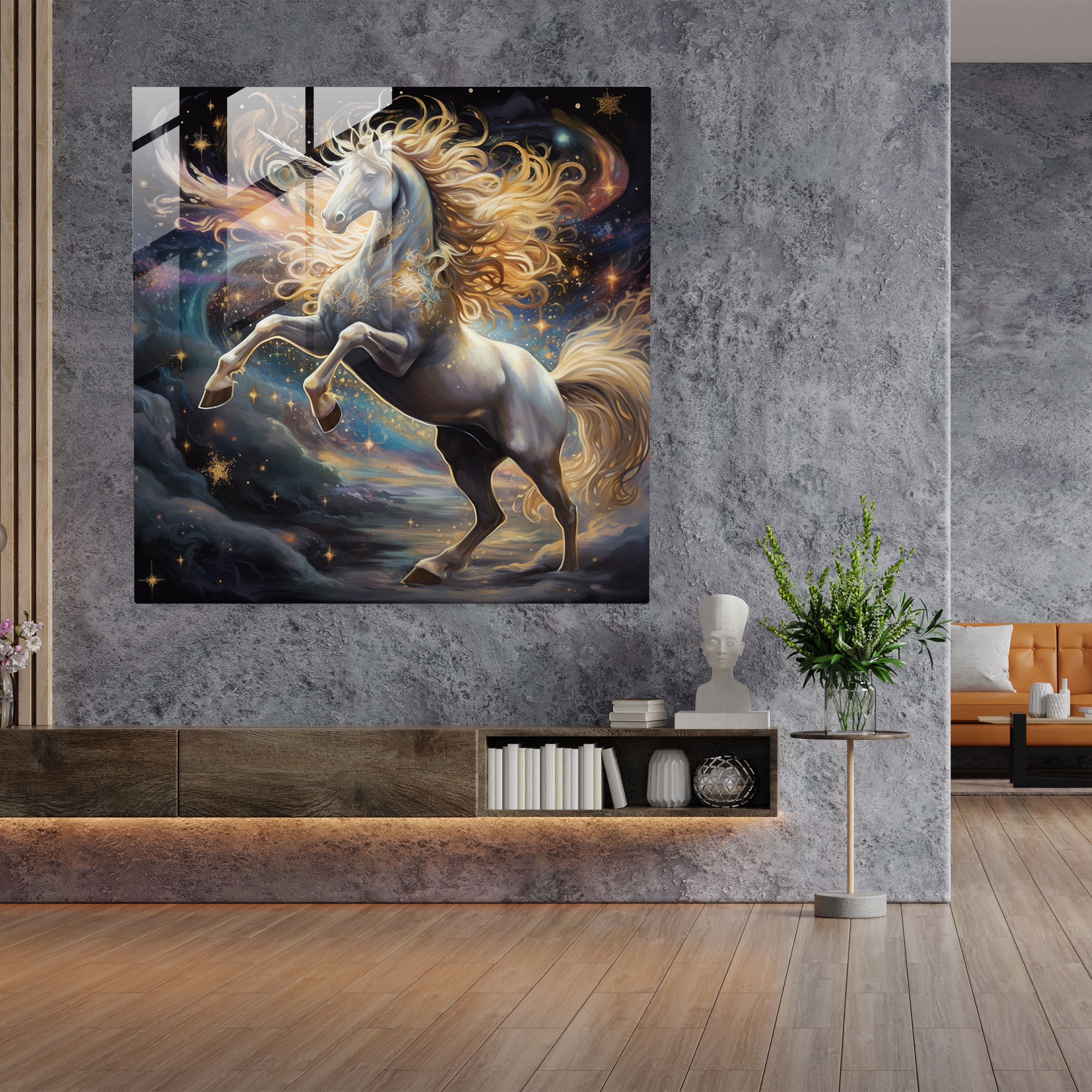 Celestial Unicorn Glass Print - Unicorn, Modern Art, Home Decoration, Glass Print