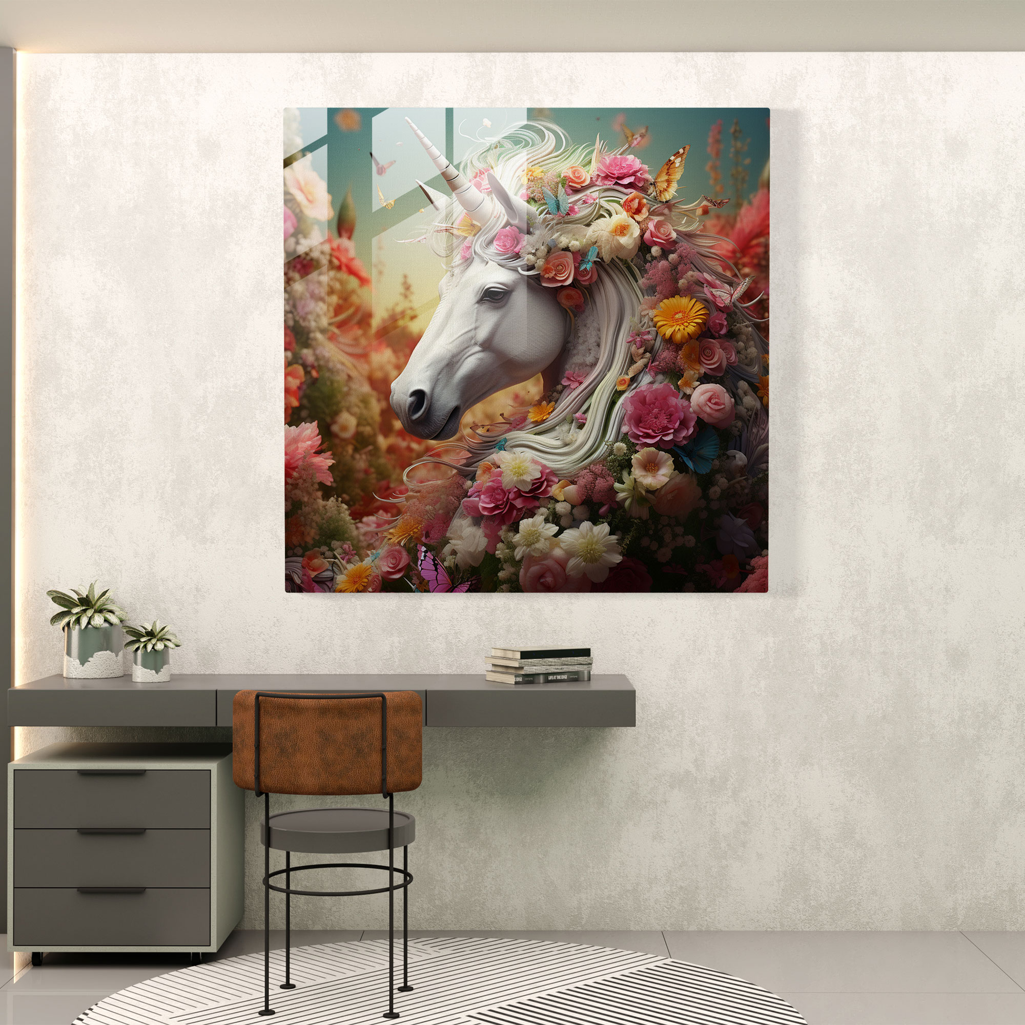 Whimsical Glass Print - Contemporary Digital Illustration - Unicorn, Vibrant Colors, Glass Wall Art, Contemporary Digital Illustration