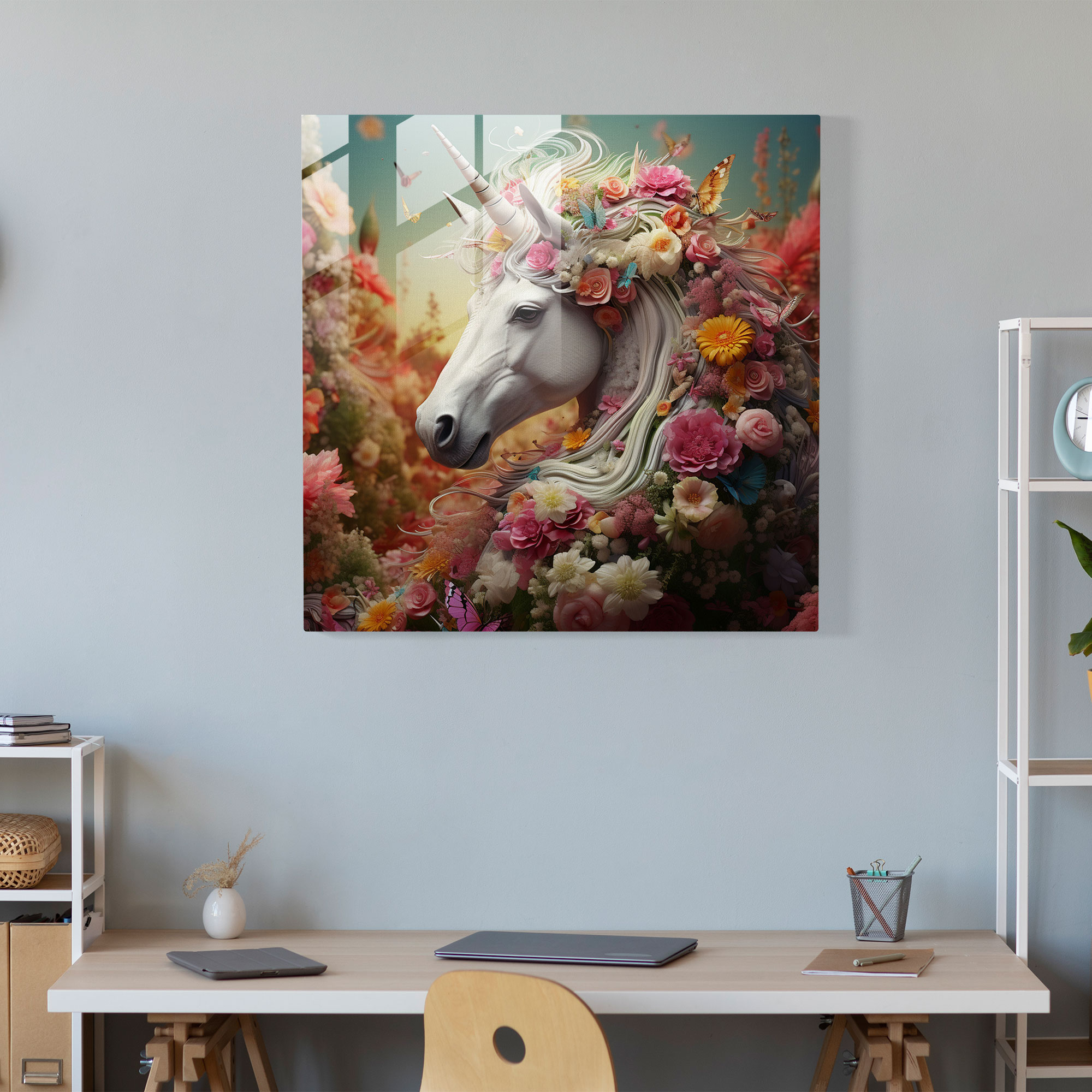 Whimsical Glass Print - Contemporary Digital Illustration - Unicorn, Vibrant Colors, Glass Wall Art, Contemporary Digital Illustration