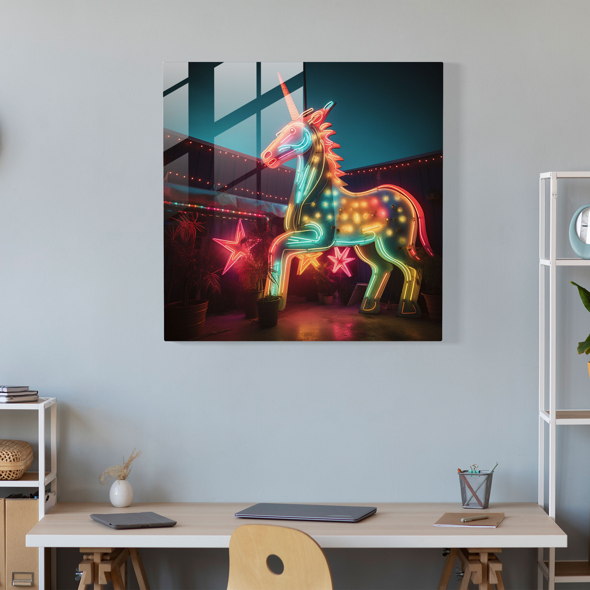 Neon Glass Art - Retro Unicorn Sign - Unicorn, Nostalgic Charm, Wall Decoration, Glass Wall Art