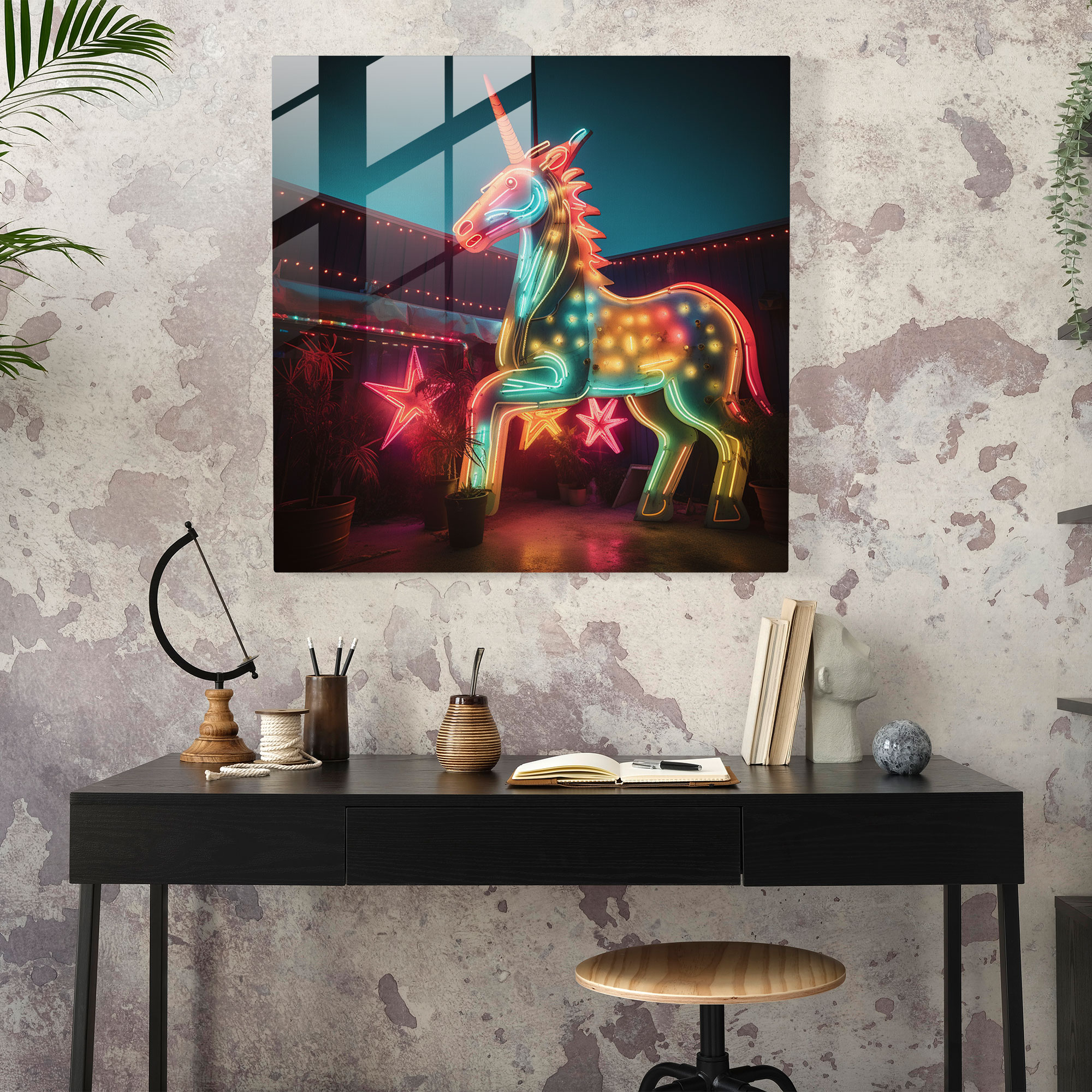Neon Glass Art - Retro Unicorn Sign - Unicorn, Nostalgic Charm, Wall Decoration, Glass Wall Art