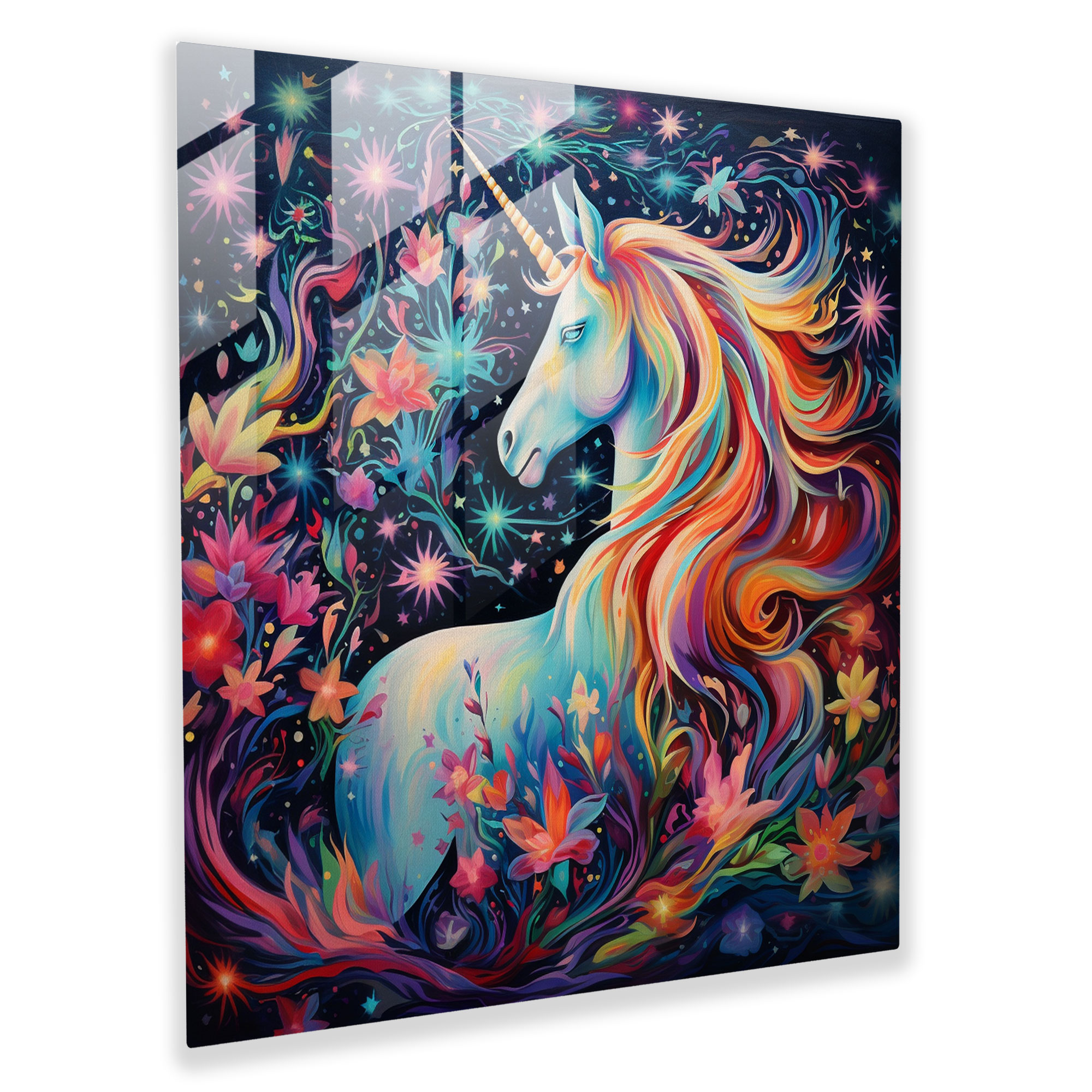 Renkli Soyut Cam Tablo - Unicorn Büyüsü - Unicorn Yıldızlar Renkli Ev Dekorasyonu