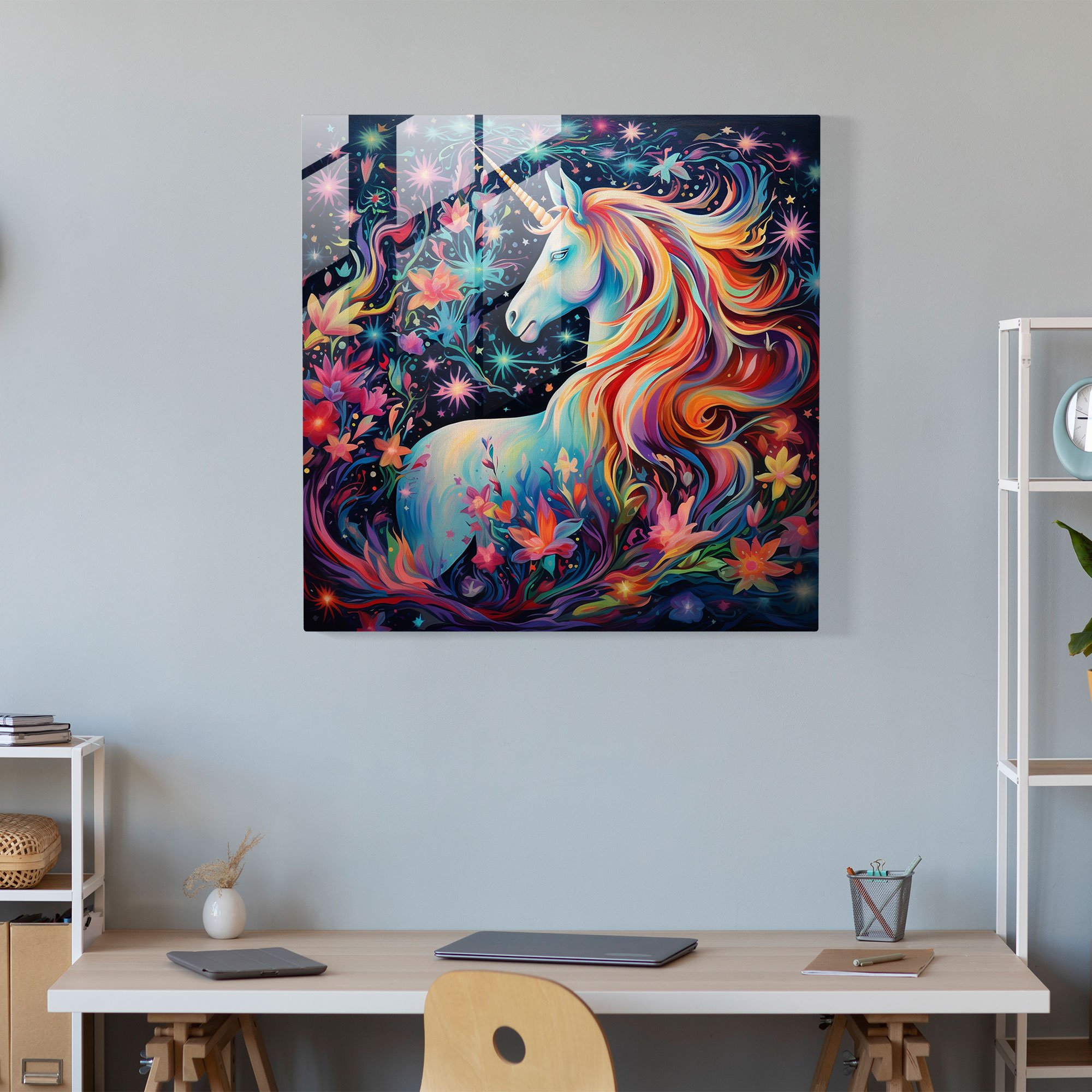 Renkli Soyut Cam Tablo - Unicorn Büyüsü - Unicorn Yıldızlar Renkli Ev Dekorasyonu