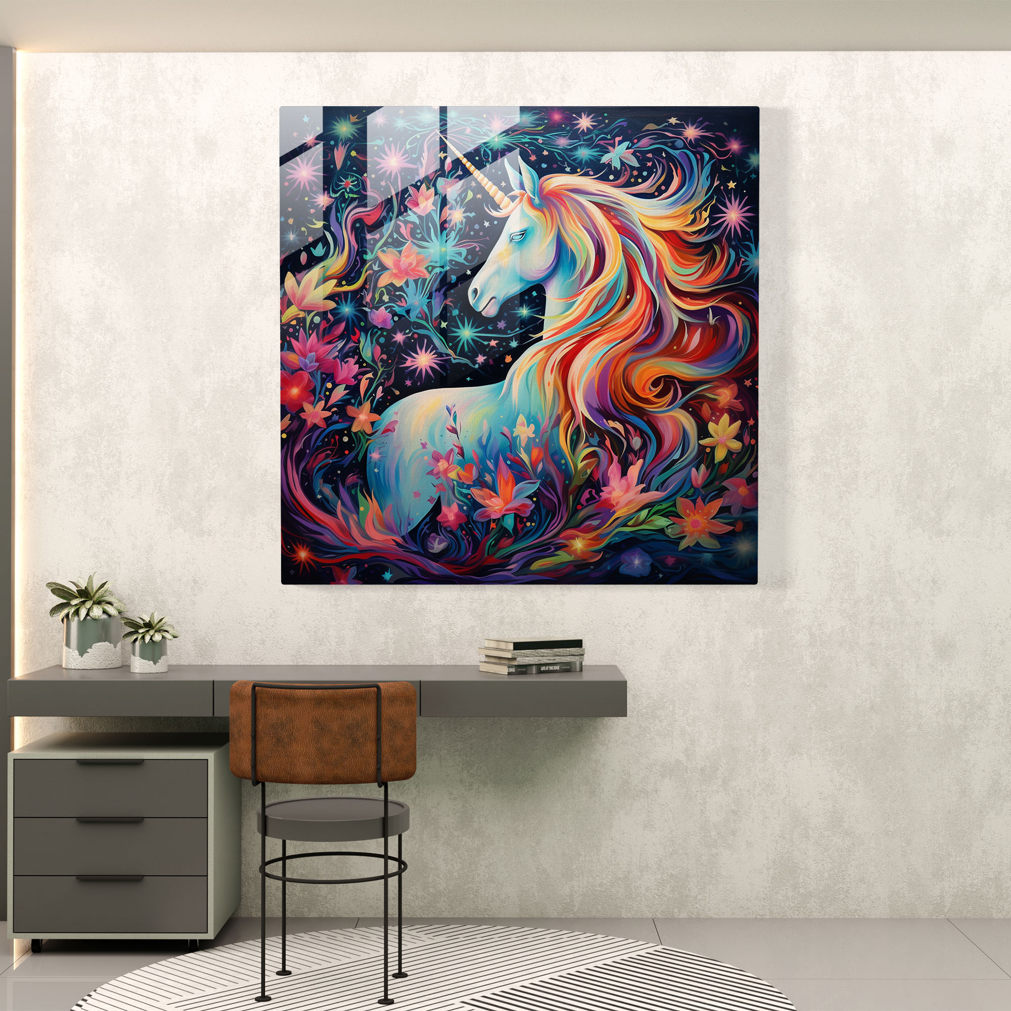 Renkli Soyut Cam Tablo - Unicorn Büyüsü - Unicorn Yıldızlar Renkli Ev Dekorasyonu