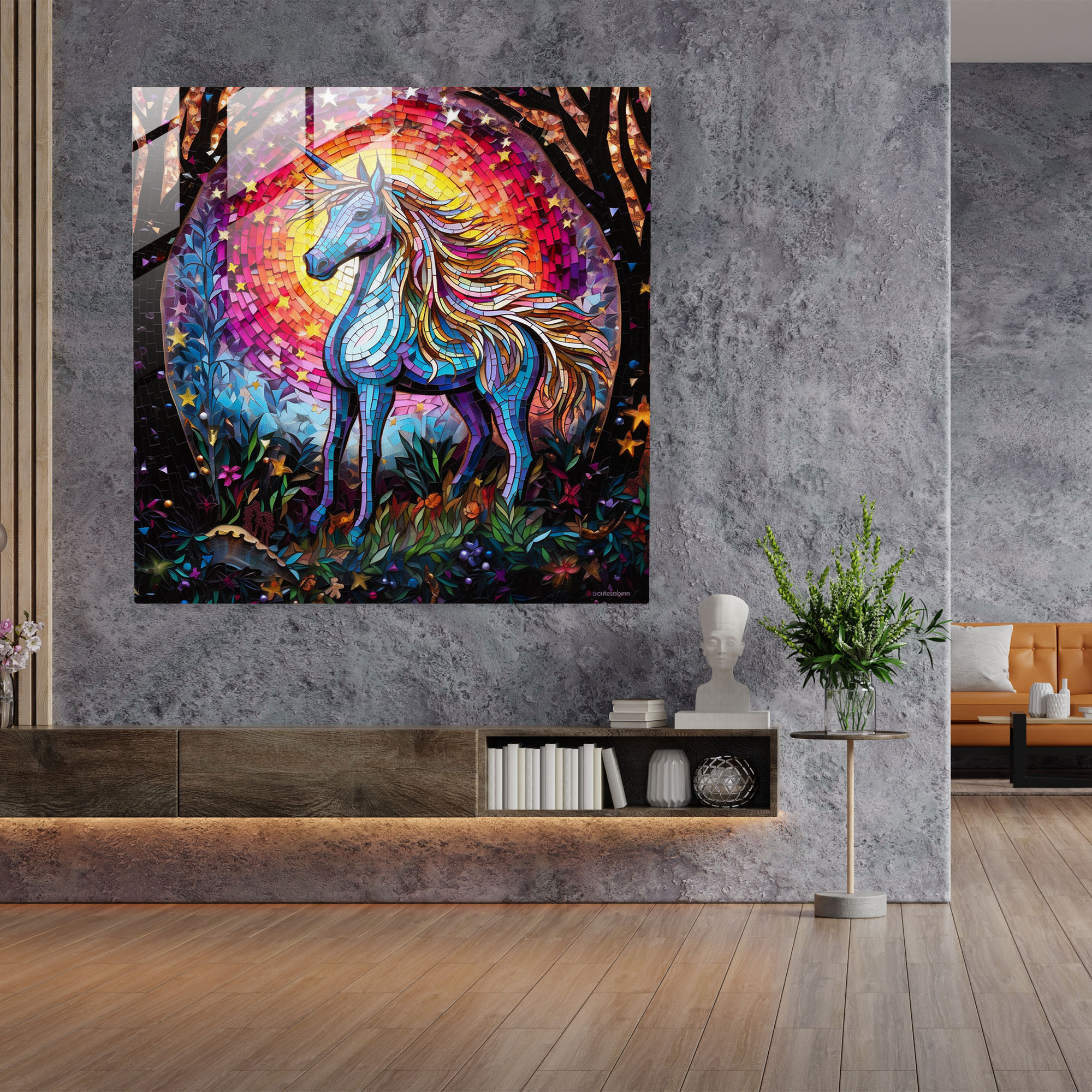 Parlak Unicorn Mozaik Cam Tablo - Unicorn Cam Sanatı Canlı Renkler