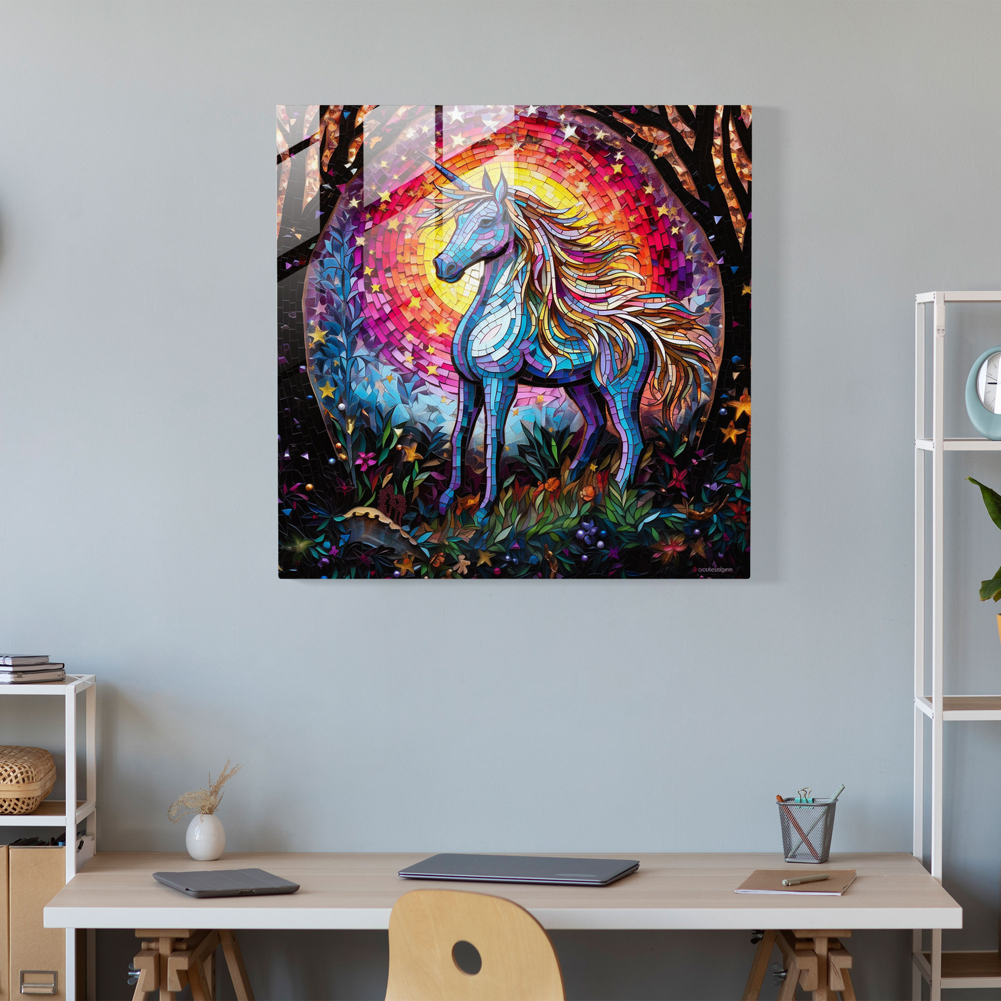Parlak Unicorn Mozaik Cam Tablo - Unicorn Cam Sanatı Canlı Renkler