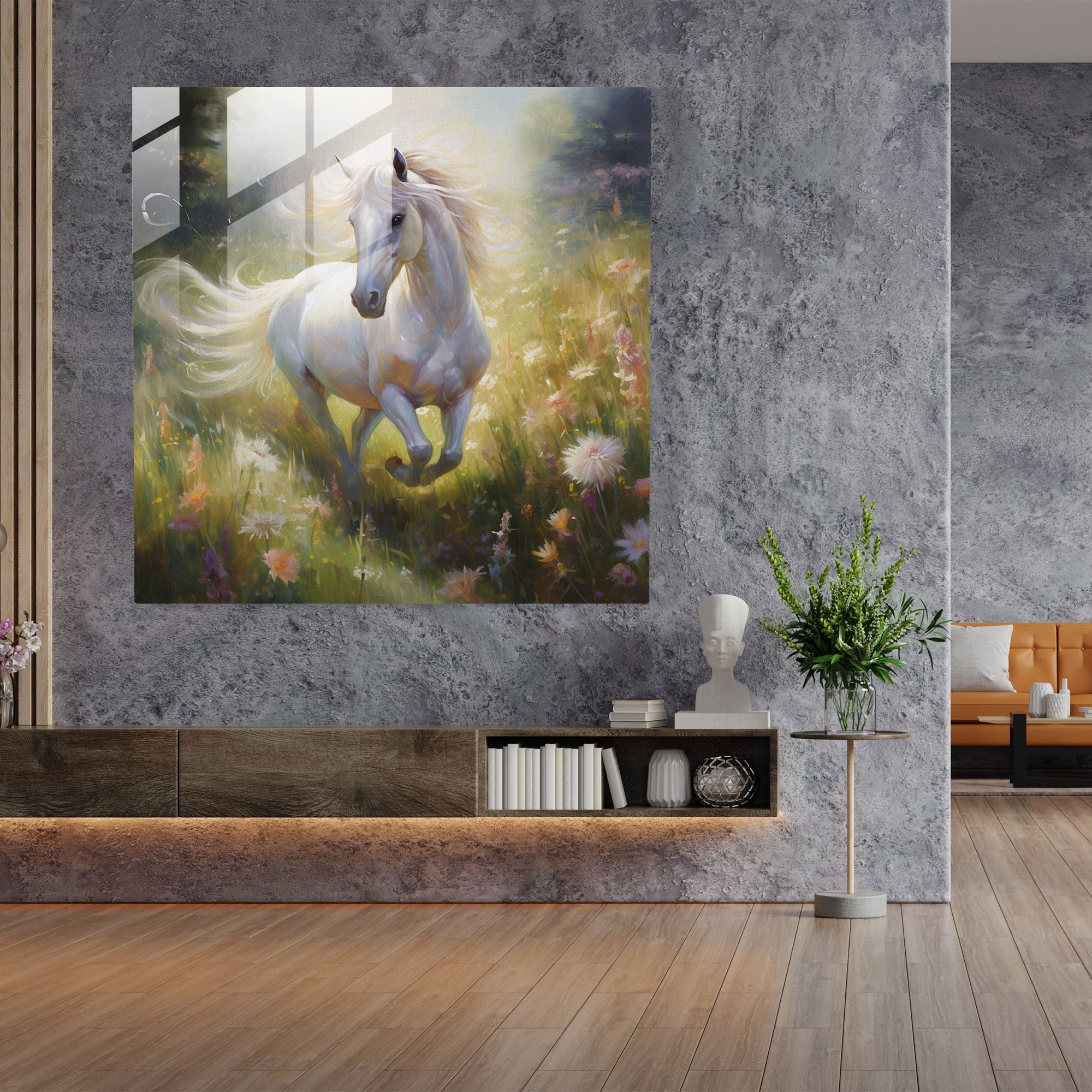 Oil Painting Glass Print - Dream Meadow Unicorn - Unicorn, Oil Painting, Wall Decoration, Meadow