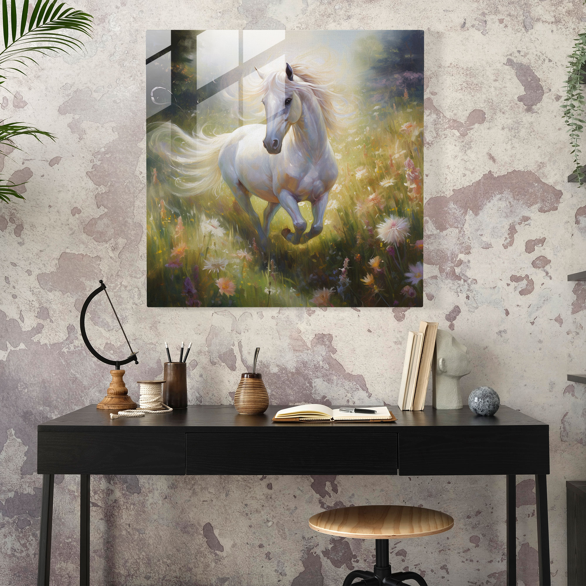Oil Painting Glass Print - Dream Meadow Unicorn - Unicorn, Oil Painting, Wall Decoration, Meadow