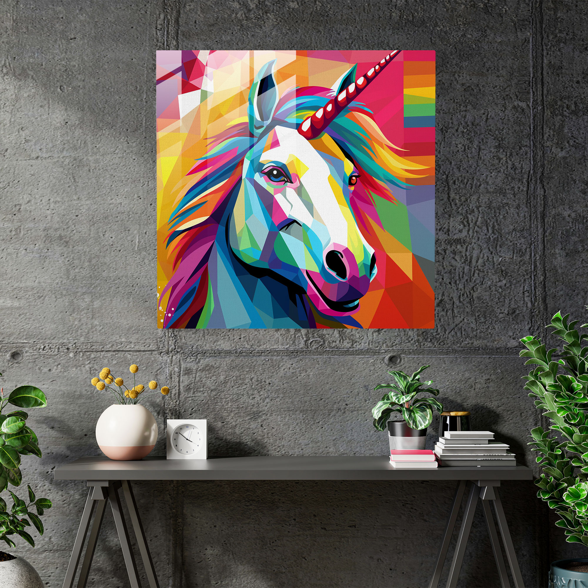 Renkli Geometrik Unicorn Pop Art Cam Tablosu - Duvar Dekorasyonu Ev Dekorasyonu Cam Duvar Sanatı