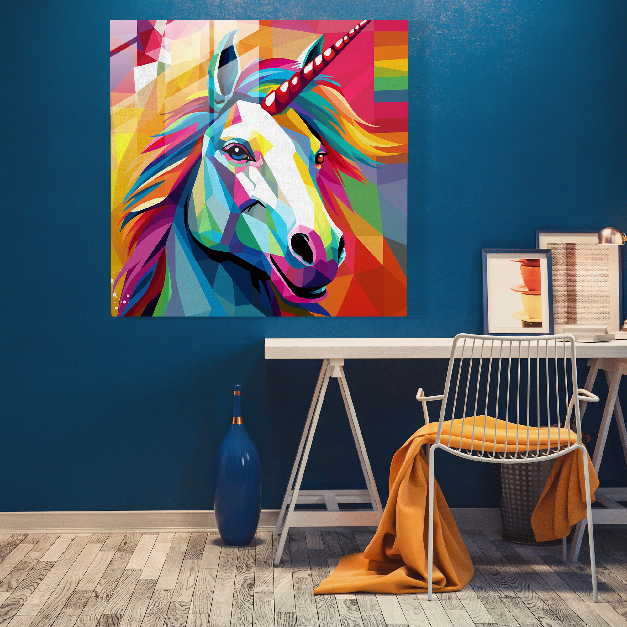 Renkli Geometrik Unicorn Pop Art Cam Tablosu - Duvar Dekorasyonu Ev Dekorasyonu Cam Duvar Sanatı