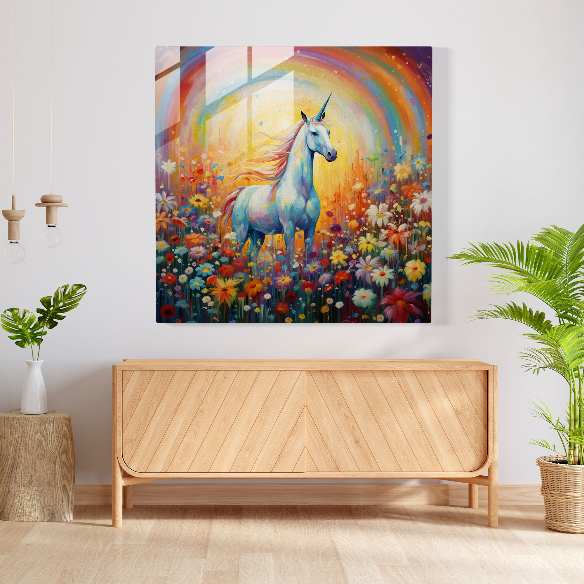 Tekstil Tabanlı Unicorn Baskı - Modern Sanat Renkli Cam Tablo