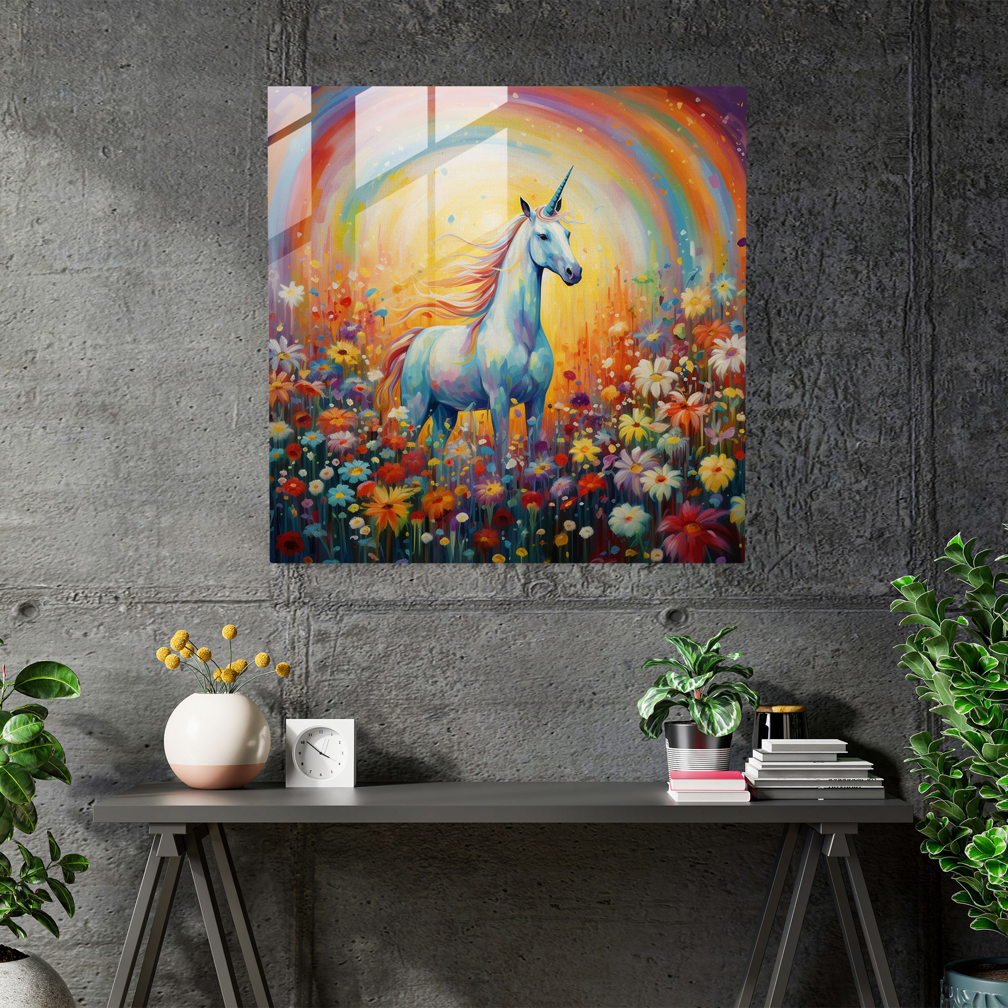 Tekstil Tabanlı Unicorn Baskı - Modern Sanat Renkli Cam Tablo