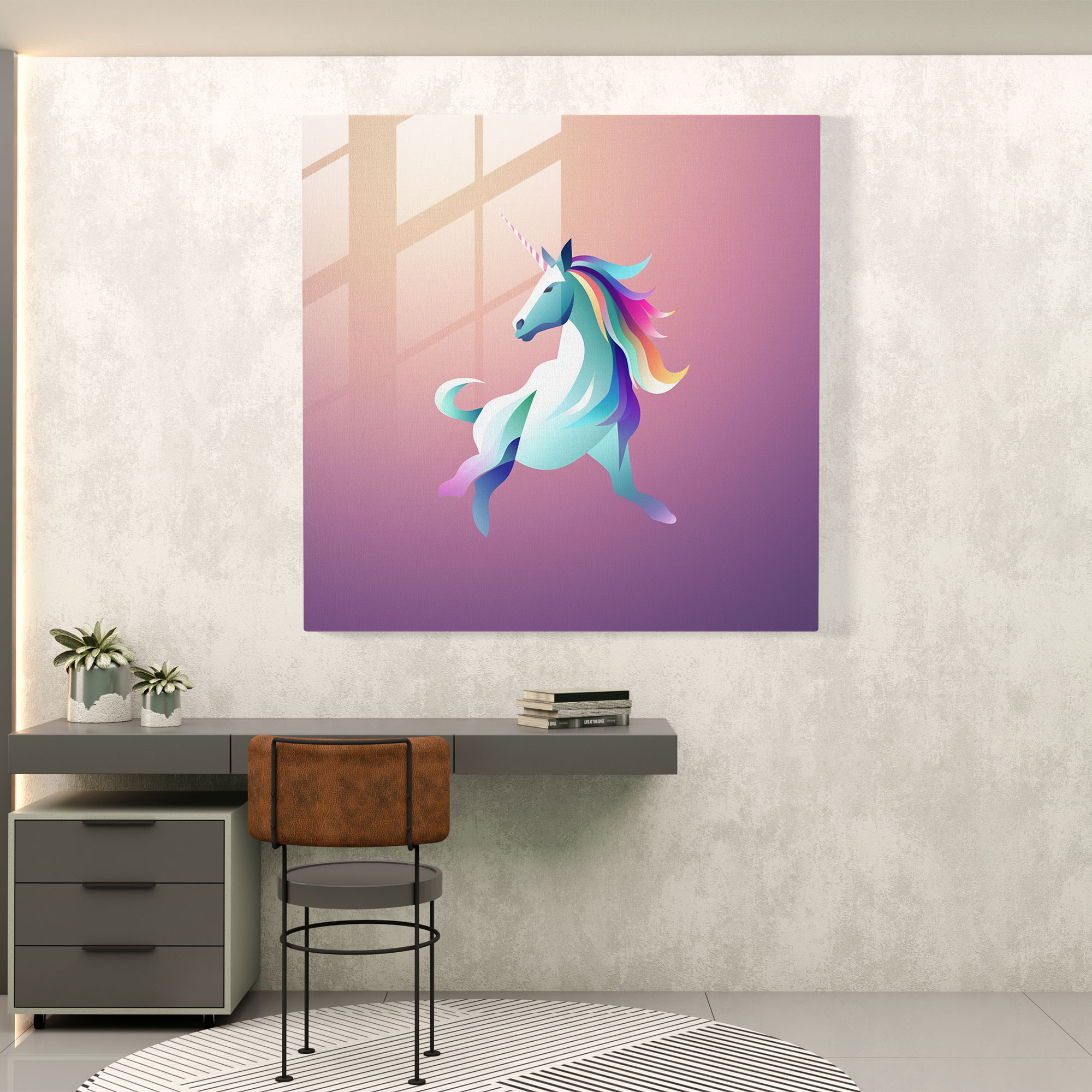 Minimalistic Unicorn Glass Wall Art - Unicorn, Minimalist, Digital Illustration, Gradient Background