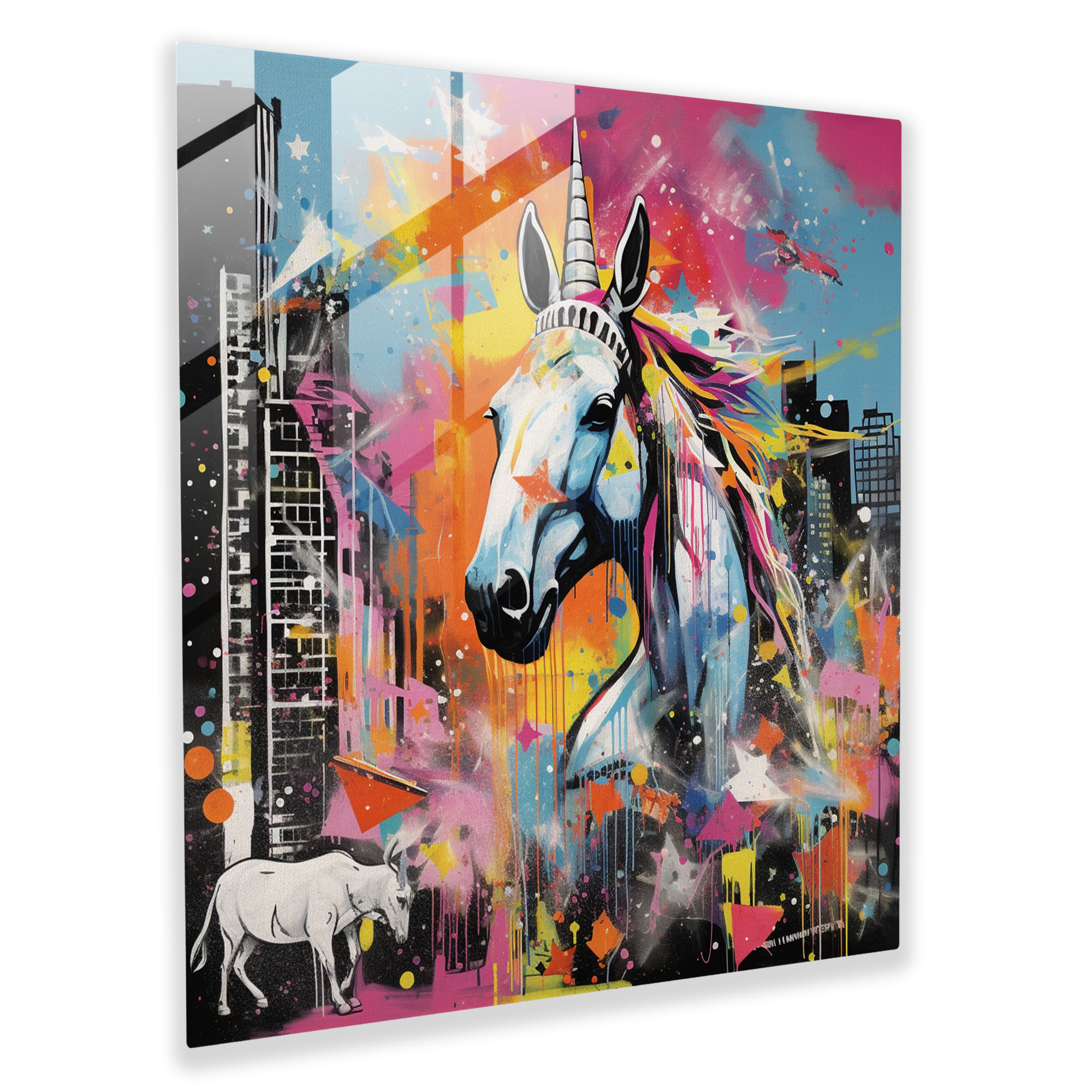 Urban Unicorn Glass Print - Unicorn, Wall Decoration, Contemporary Collage, Vibrant Textures