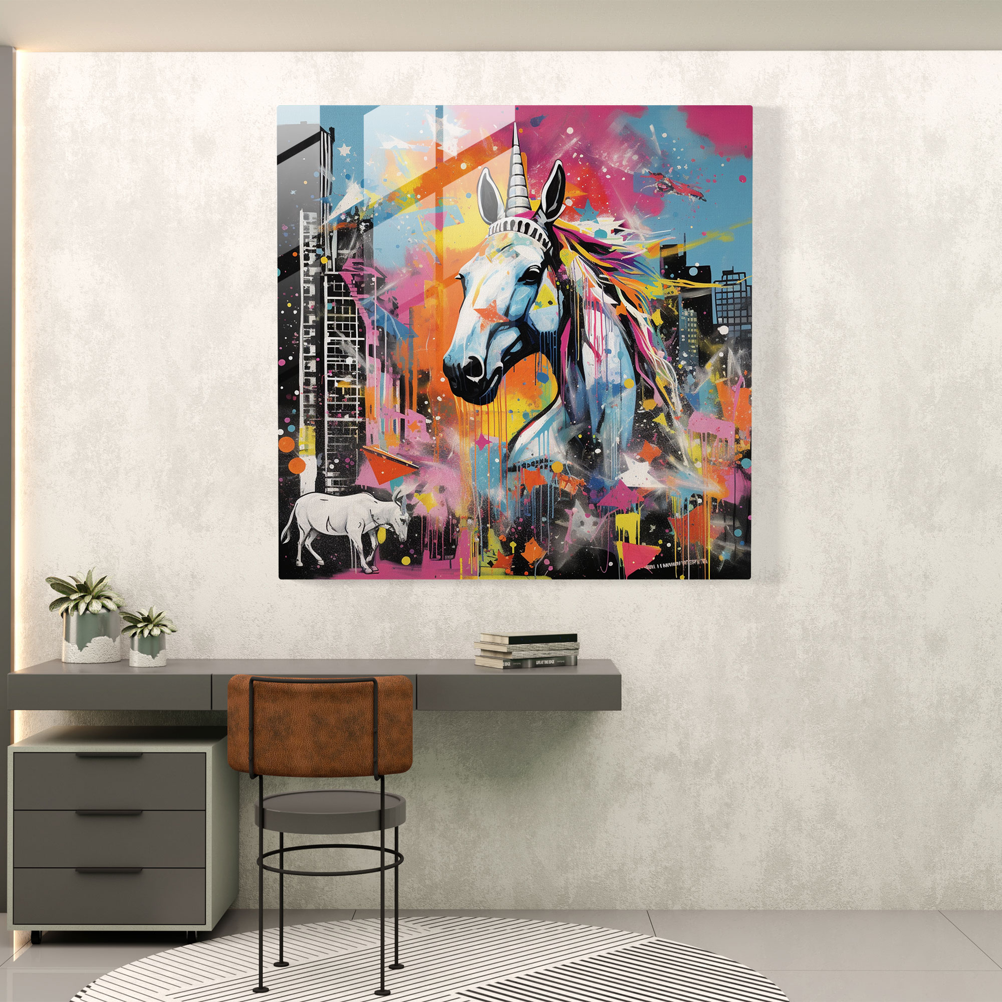 Urban Unicorn Glass Print - Unicorn, Wall Decoration, Contemporary Collage, Vibrant Textures