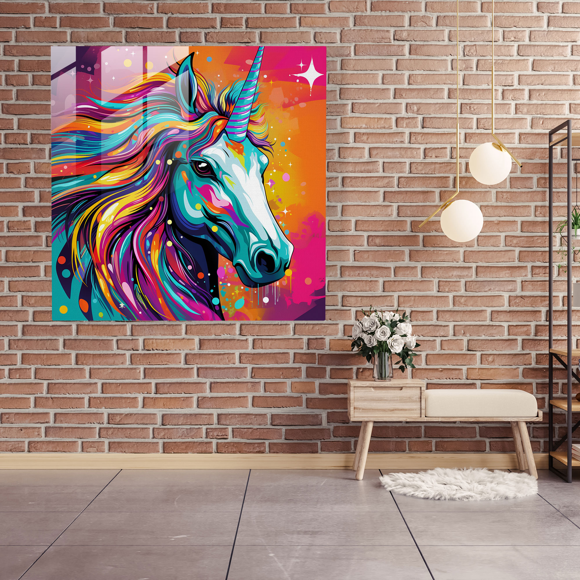Energetic Unicorn Glass Print - Unicorn, Geometric Patterns, Glass Wall Art, Unicorn