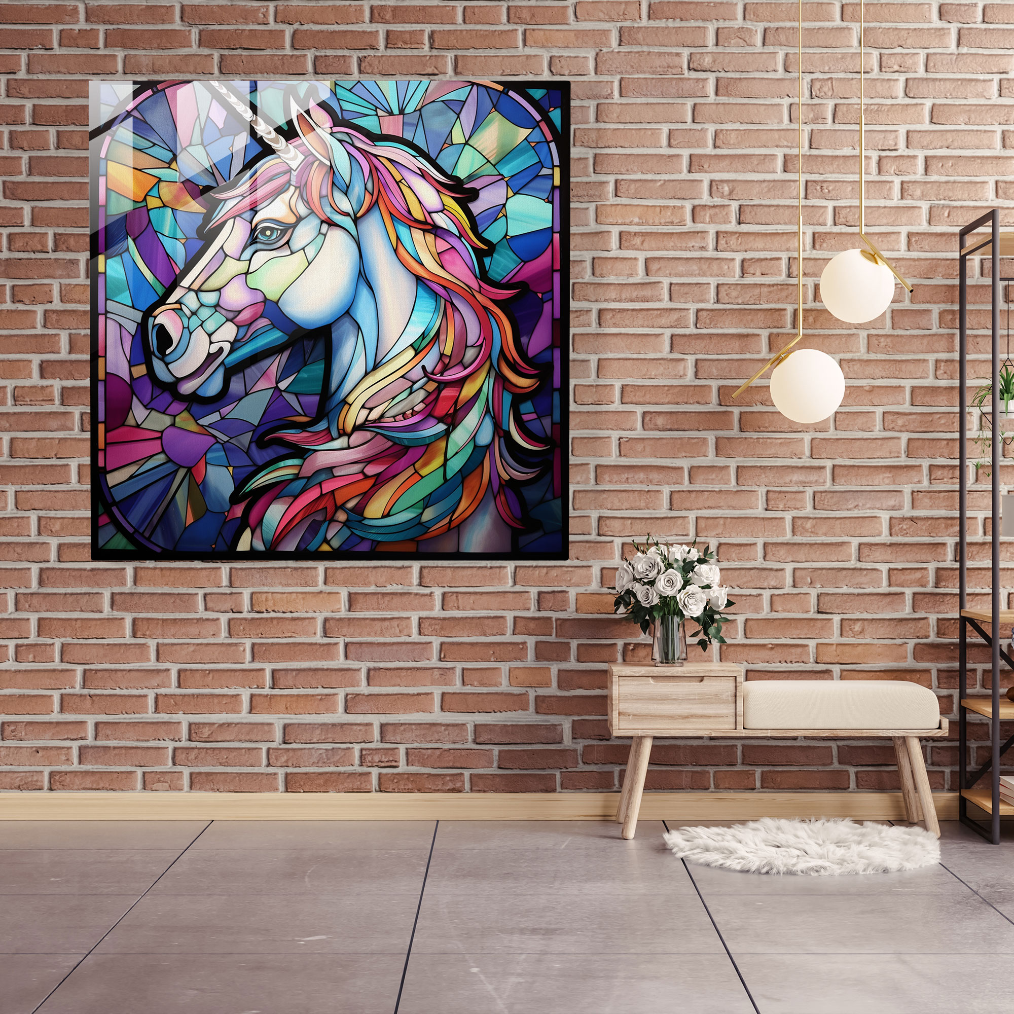 Shimmering Unicorn Glass Print - Unicorn, Unicorn, Stained Glass, Modern Art