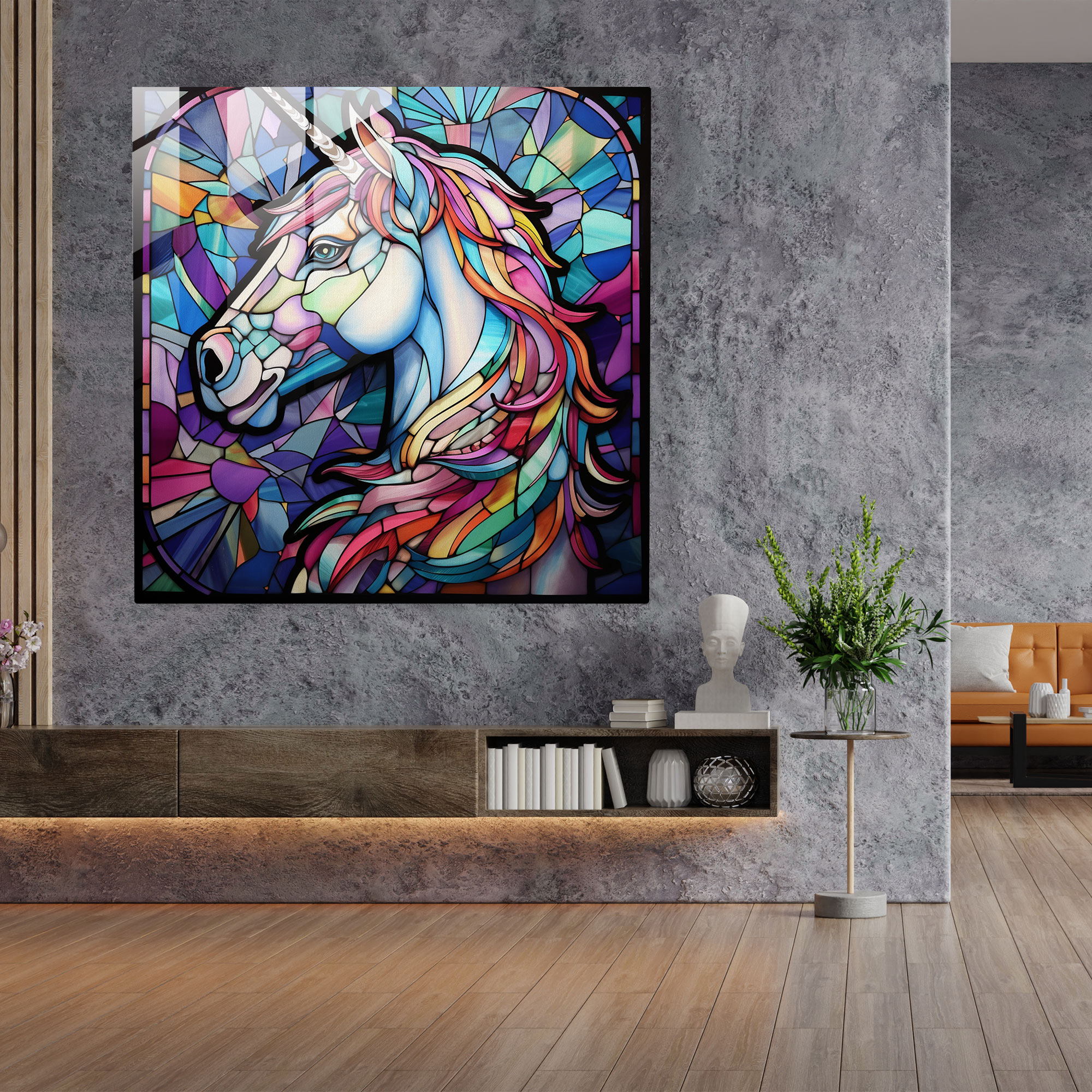Shimmering Unicorn Glass Print - Unicorn, Unicorn, Stained Glass, Modern Art
