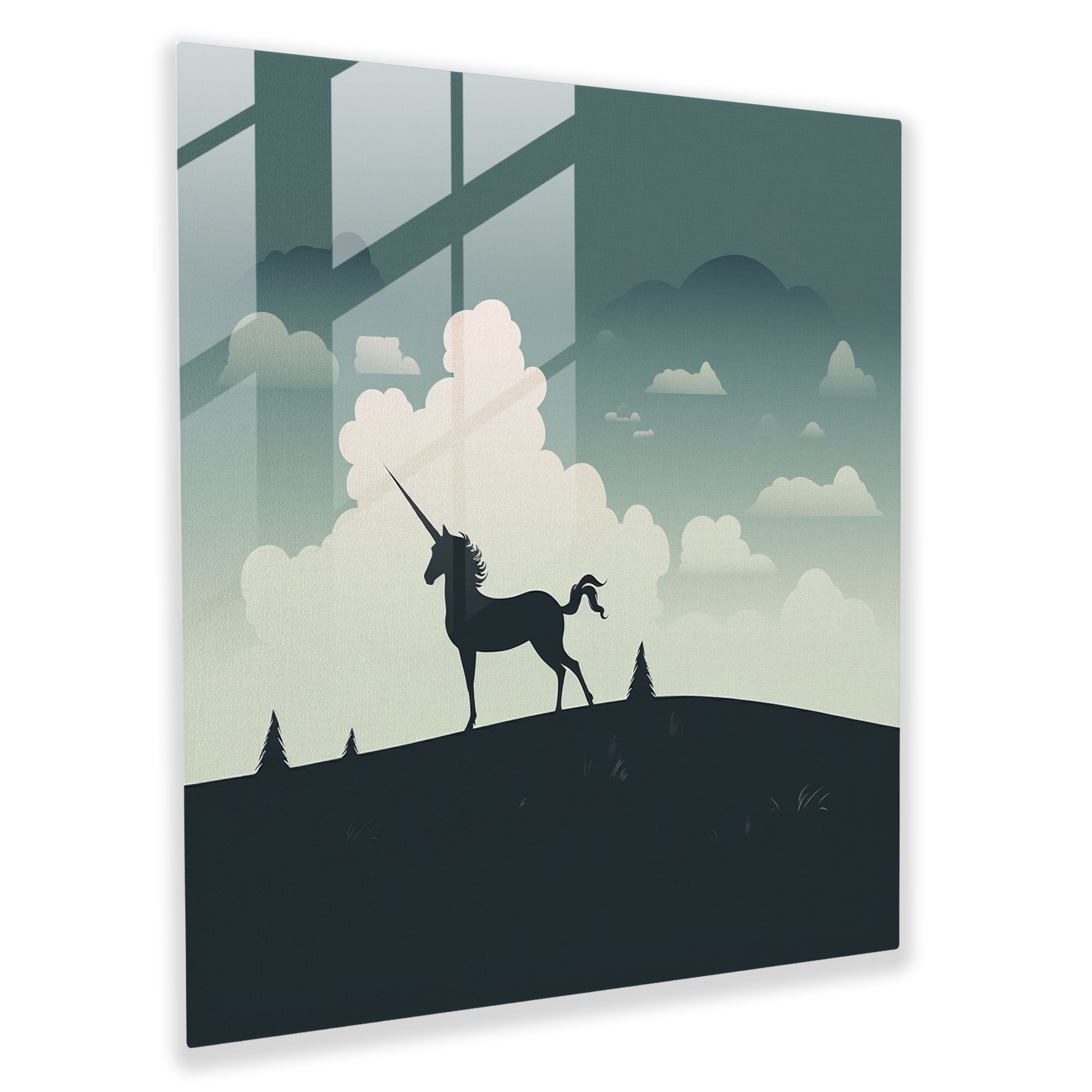 Graceful Unicorn Glass Print - Unicorn, Monochromatic, Tranquil, Wall Decoration