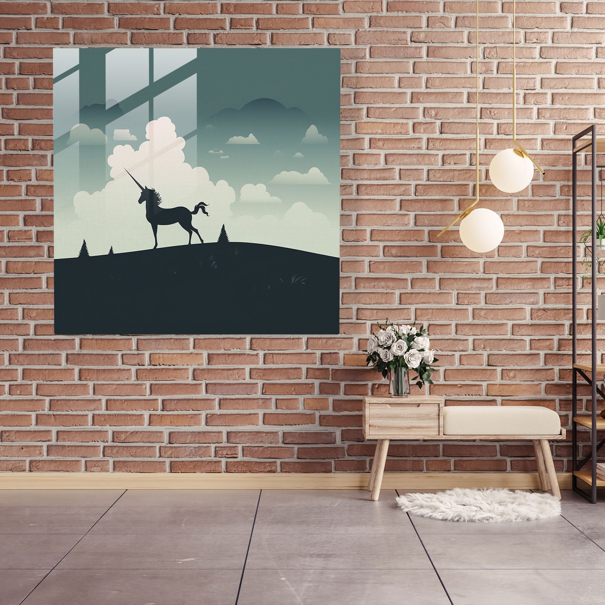 Graceful Unicorn Glass Print - Unicorn, Monochromatic, Tranquil, Wall Decoration