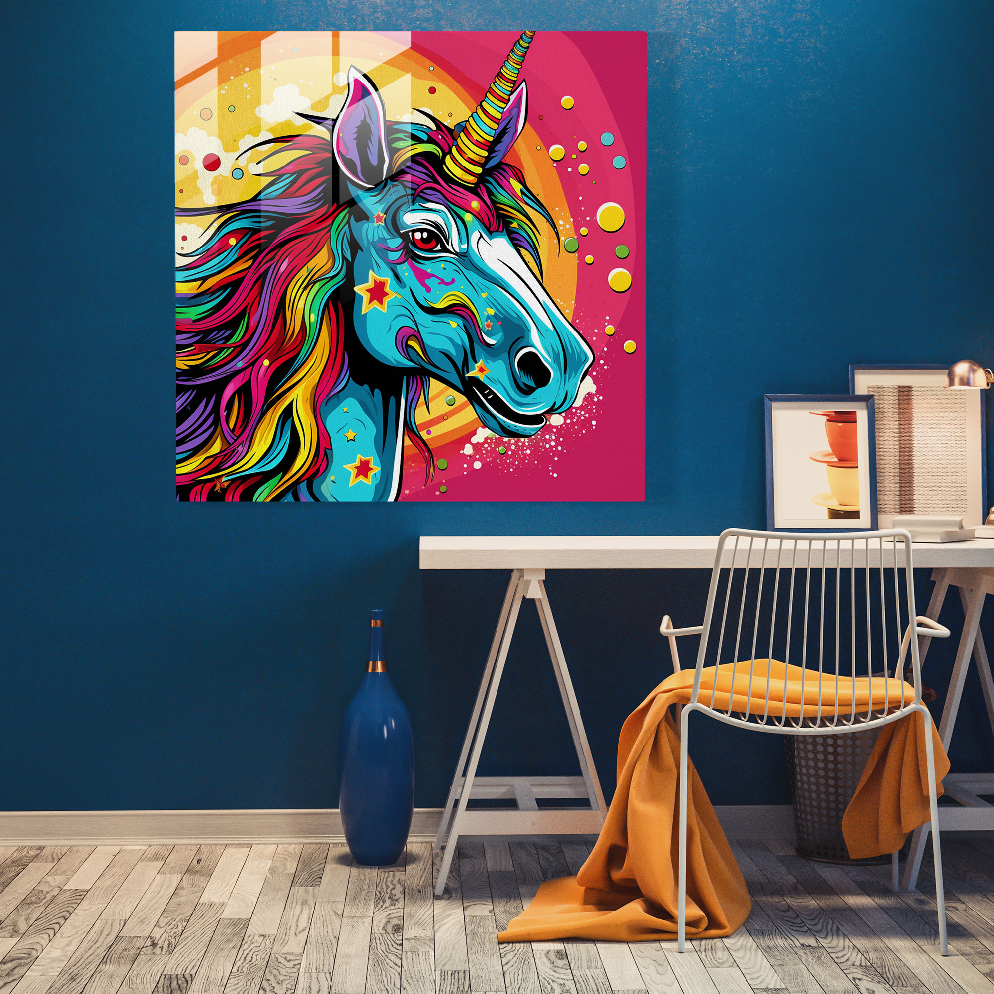 Retro Unicorn Cam Tablosu - Unicorn Enerjik Cam Duvar Sanatı