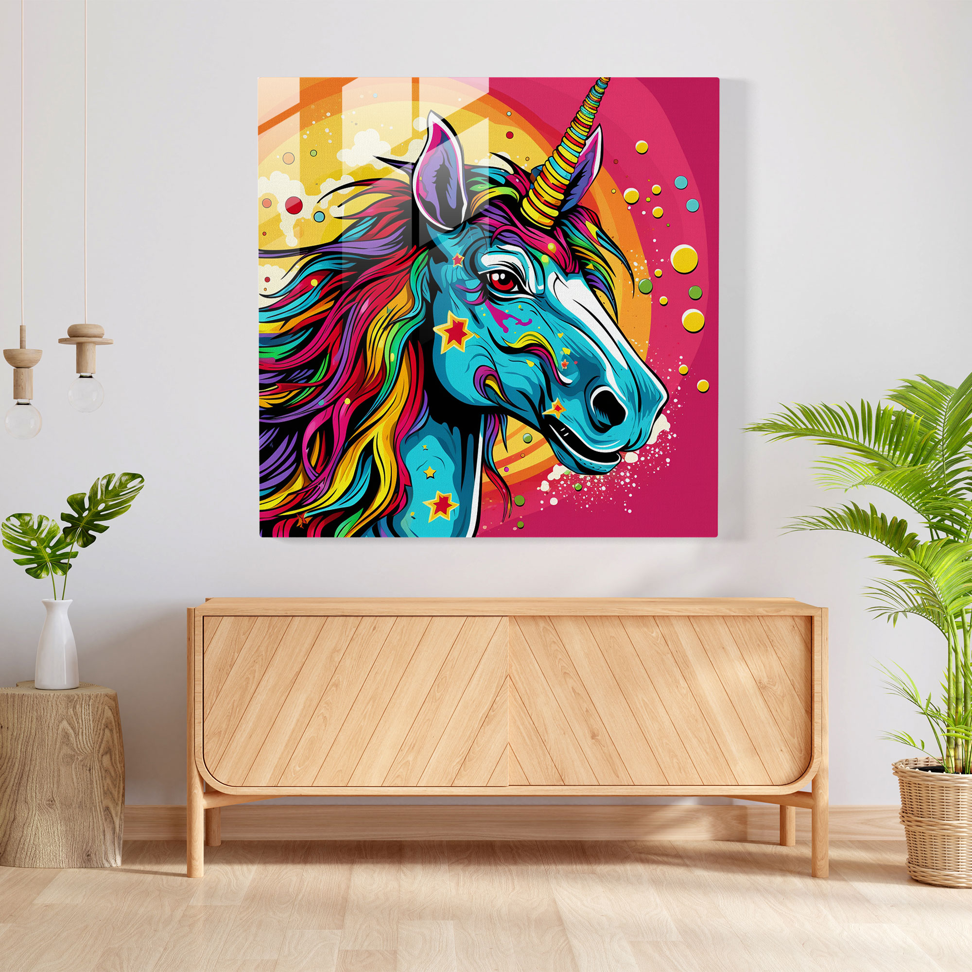 Retro Unicorn Cam Tablosu - Unicorn Enerjik Cam Duvar Sanatı