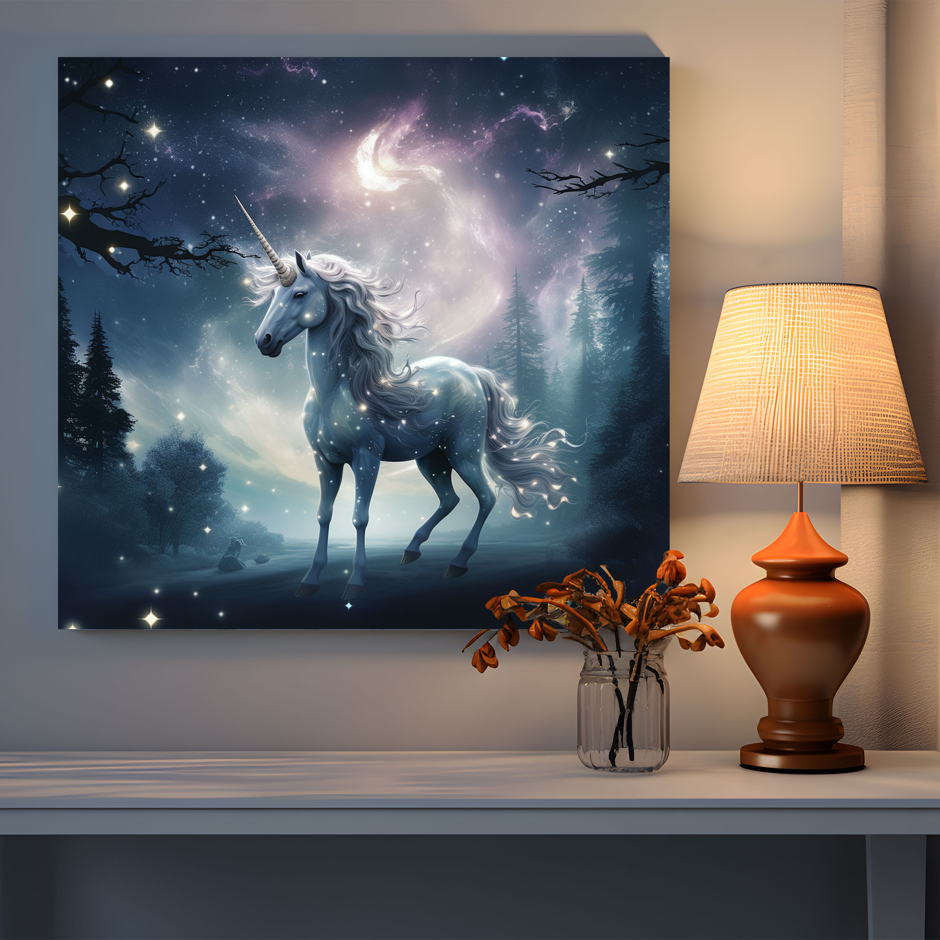 Majestic Unicorn Canvas Print - Against A Starry Night Sky - Unicorn, Full Moon, Starry Night Sky, Wall Art