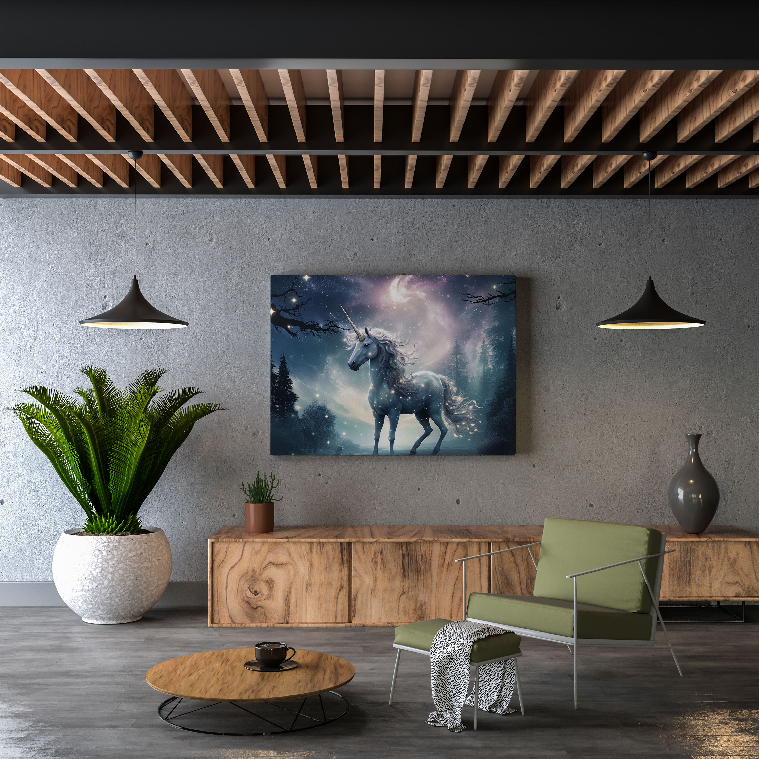 Majestic Unicorn Canvas Print - Against A Starry Night Sky - Unicorn, Full Moon, Starry Night Sky, Wall Art