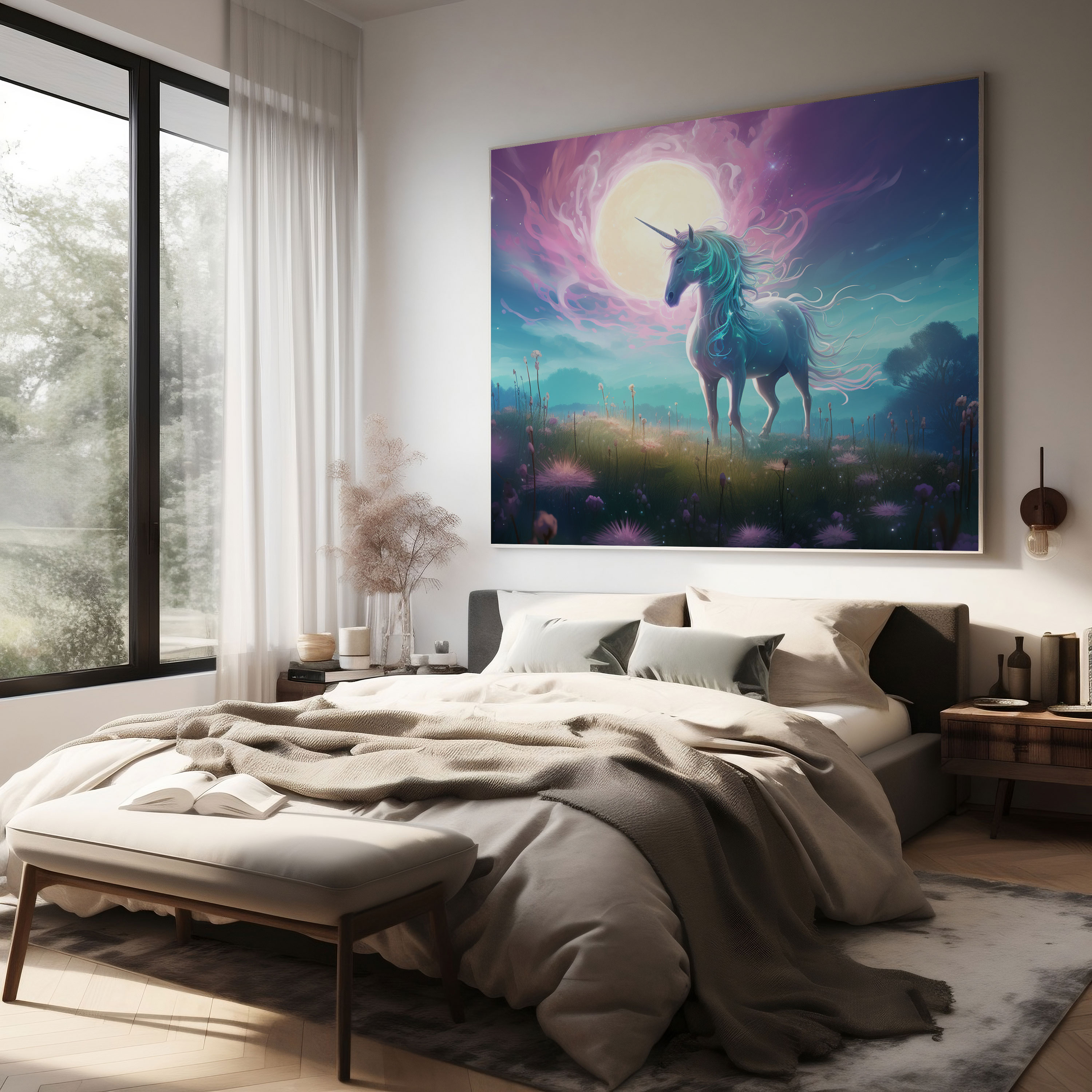 Mystical Unicorn Canvas Print - Walking Through A Moonlit Meadow - Unicorn, Mystical Unicorn, Wall Decoration, Wall Art