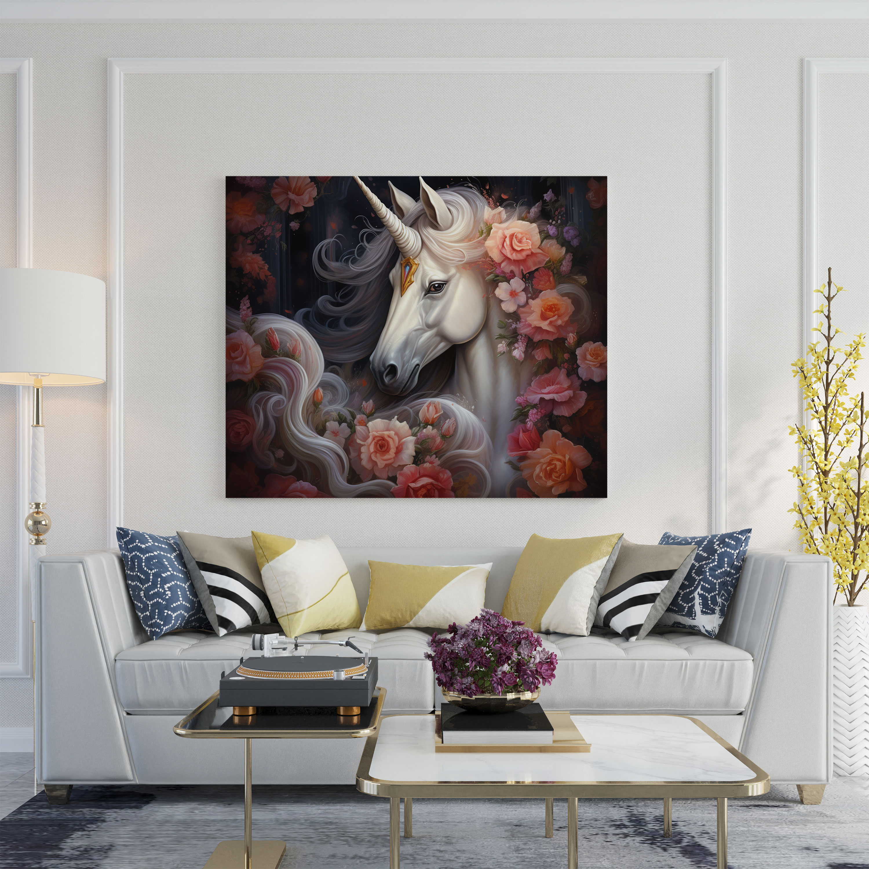 Beautiful Unicorn Canvas Print - Surrounded By Blooming Flowers - Unicorn, Beautiful Unicorn, Canvas Wall Art, Wall Art